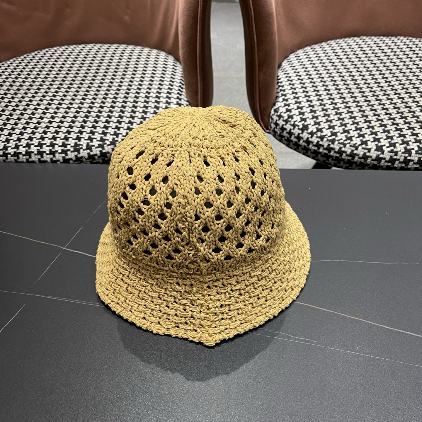 LV路易威登 韩国镂空编织水桶帽渔夫帽女夏季透气针织菱形钩花防晒遮阳盆帽子