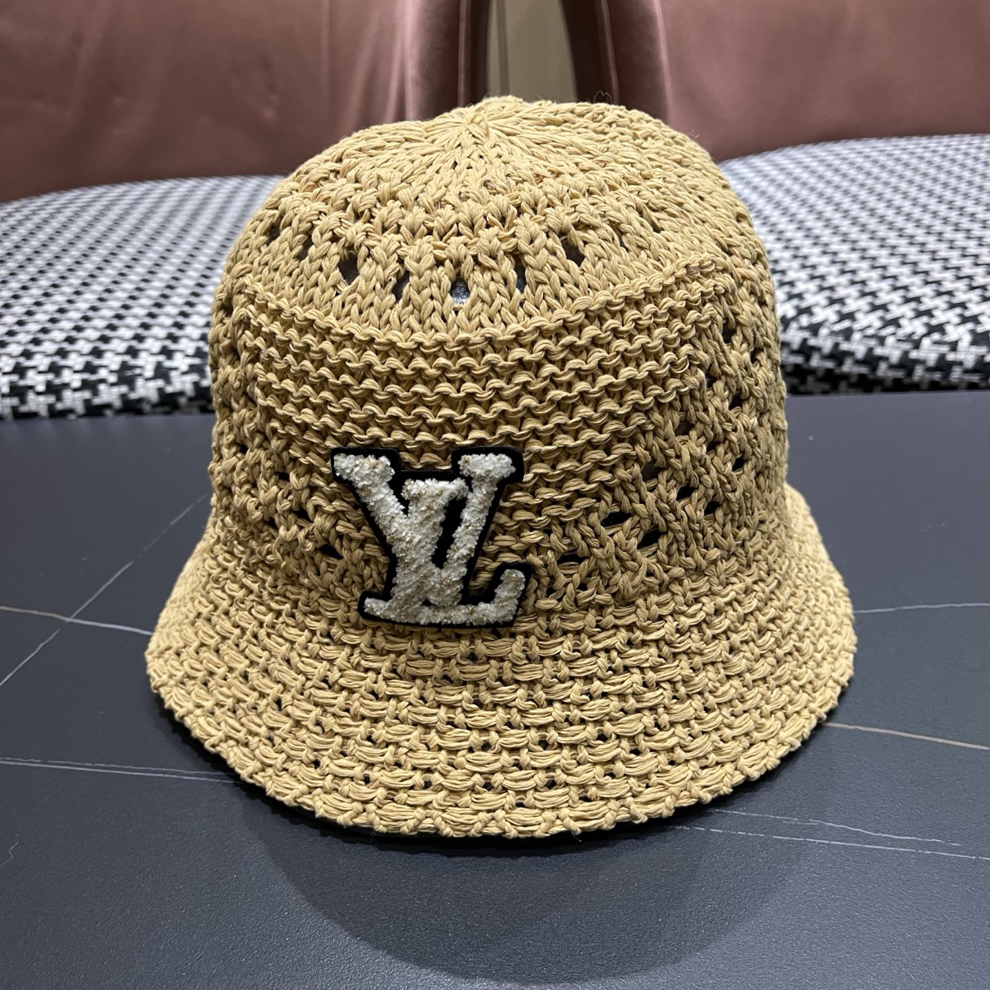 LV路易威登 韩国镂空编织水桶帽渔夫帽女夏季透气针织菱形钩花防晒遮阳盆帽子