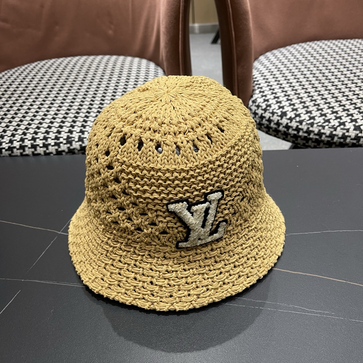 LV路易威登 韩国镂空编织水桶帽渔夫帽女夏季透气针织菱形钩花防晒遮阳盆帽子