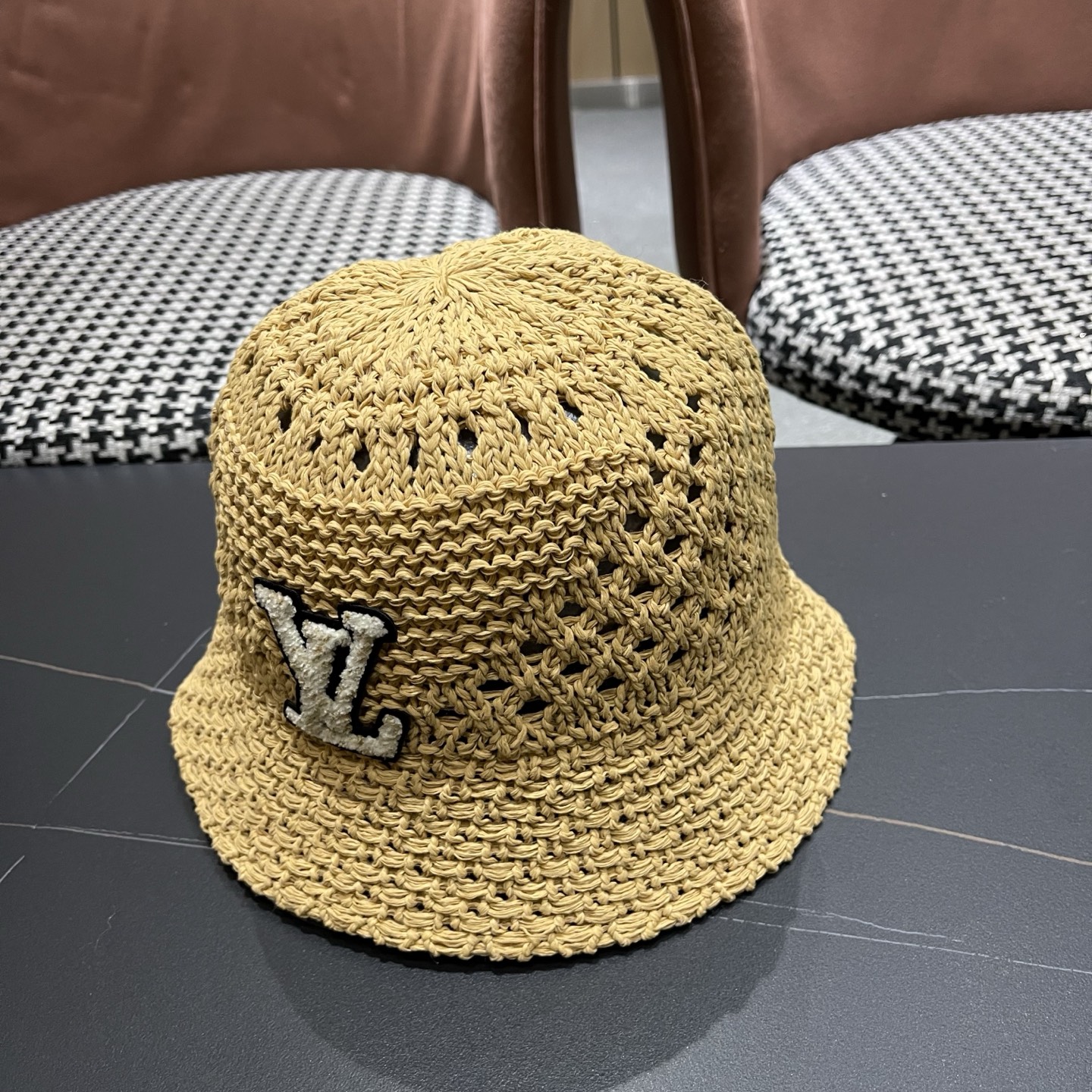 LV路易威登 韩国镂空编织水桶帽渔夫帽女夏季透气针织菱形钩花防晒遮阳盆帽子