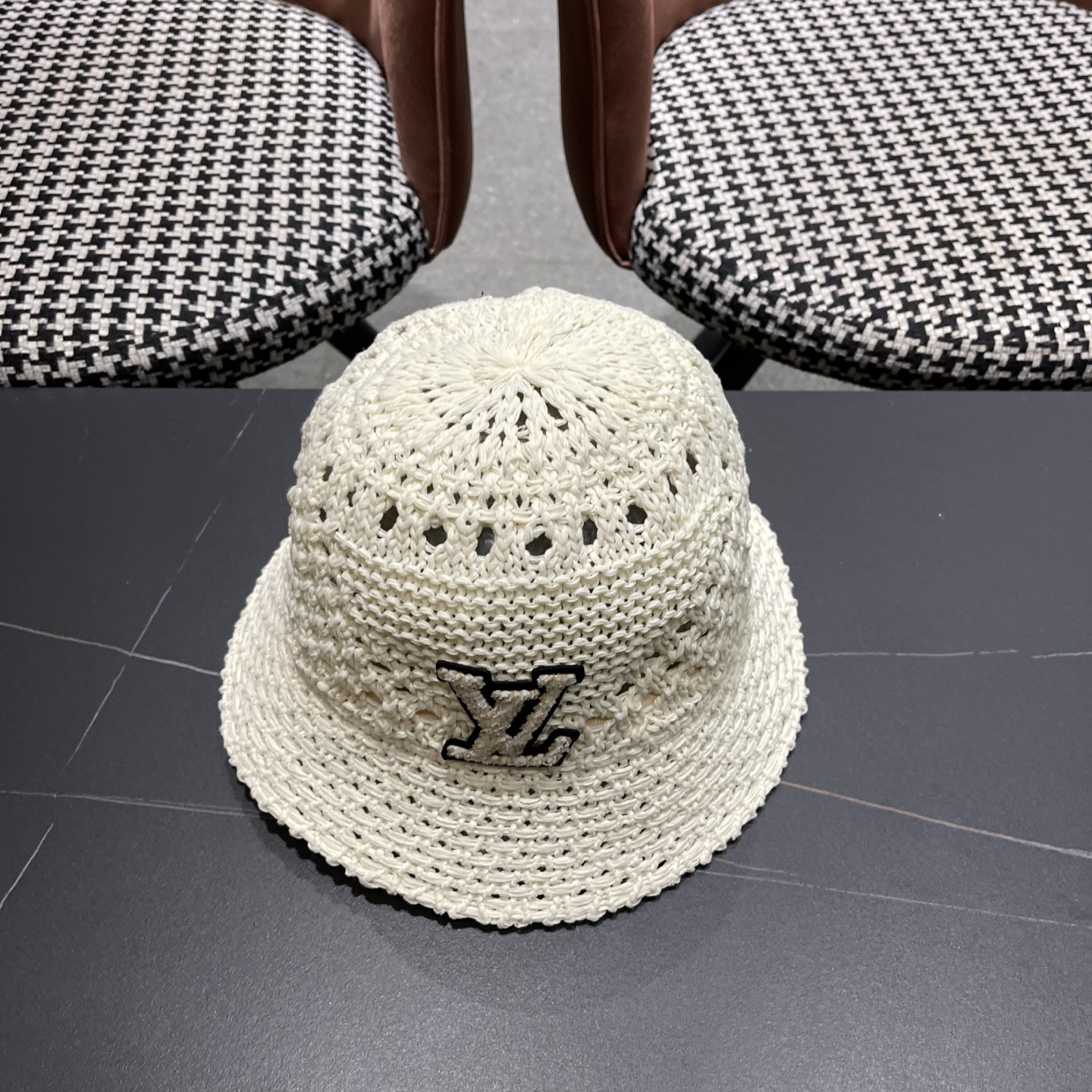 LV路易威登 韩国镂空编织水桶帽渔夫帽女夏季透气针织菱形钩花防晒遮阳盆帽子