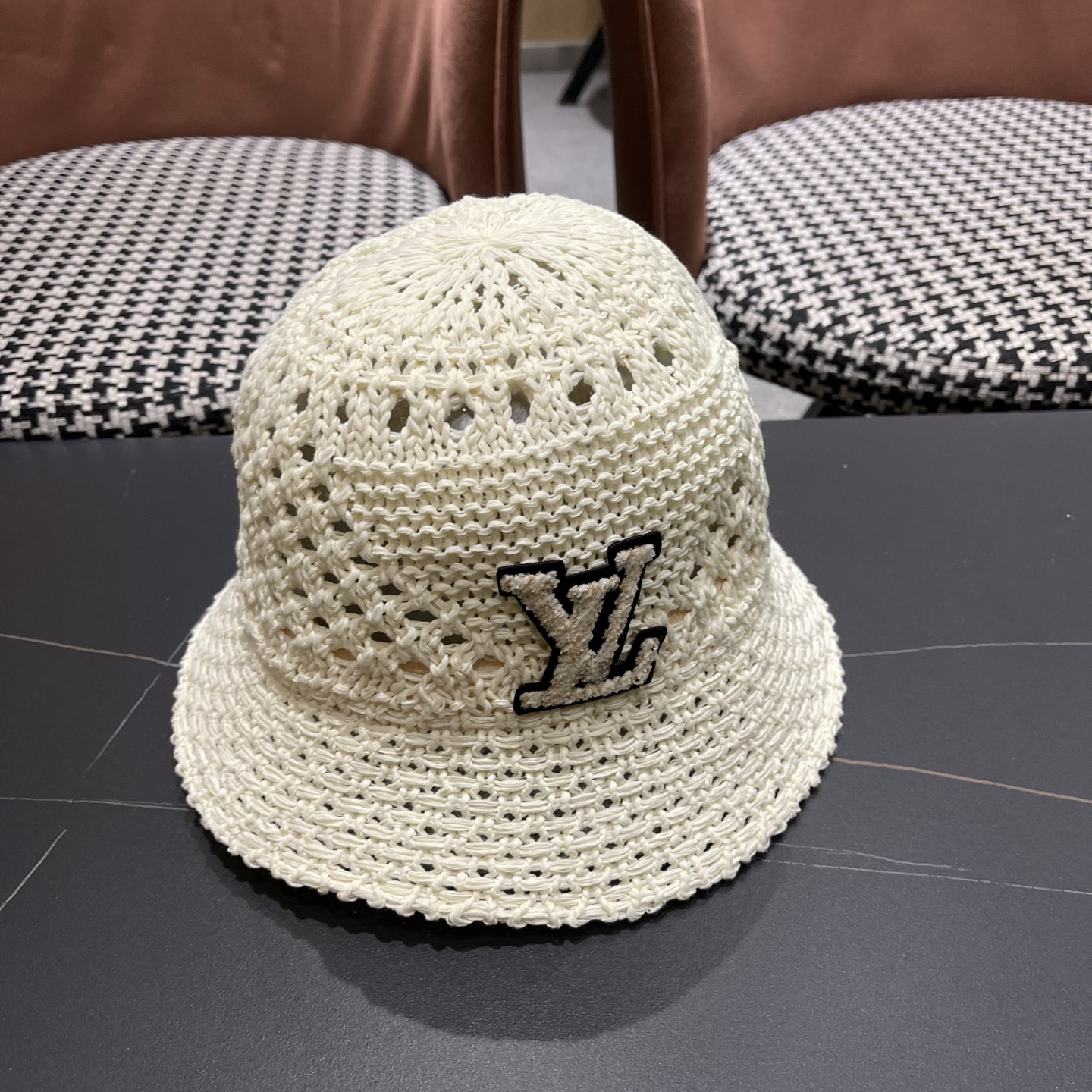 LV路易威登 韩国镂空编织水桶帽渔夫帽女夏季透气针织菱形钩花防晒遮阳盆帽子