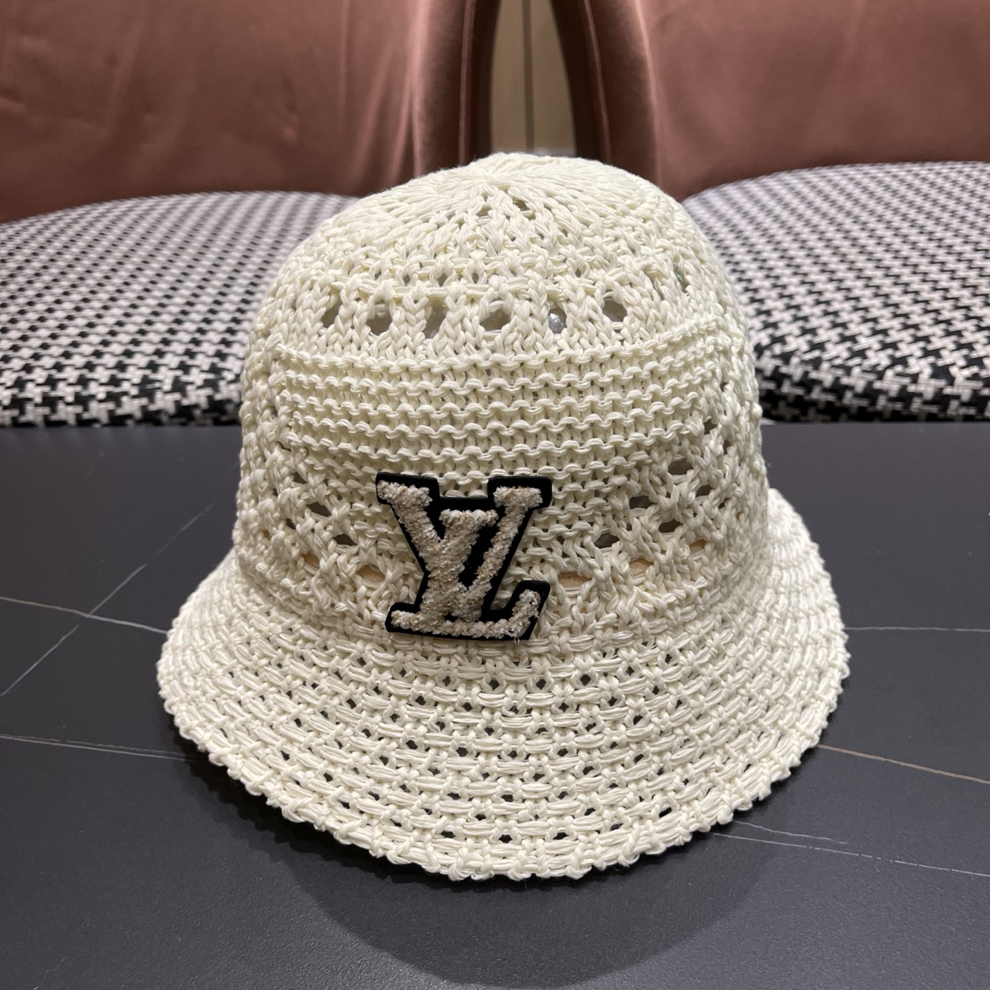 LV路易威登 韩国镂空编织水桶帽渔夫帽女夏季透气针织菱形钩花防晒遮阳盆帽子