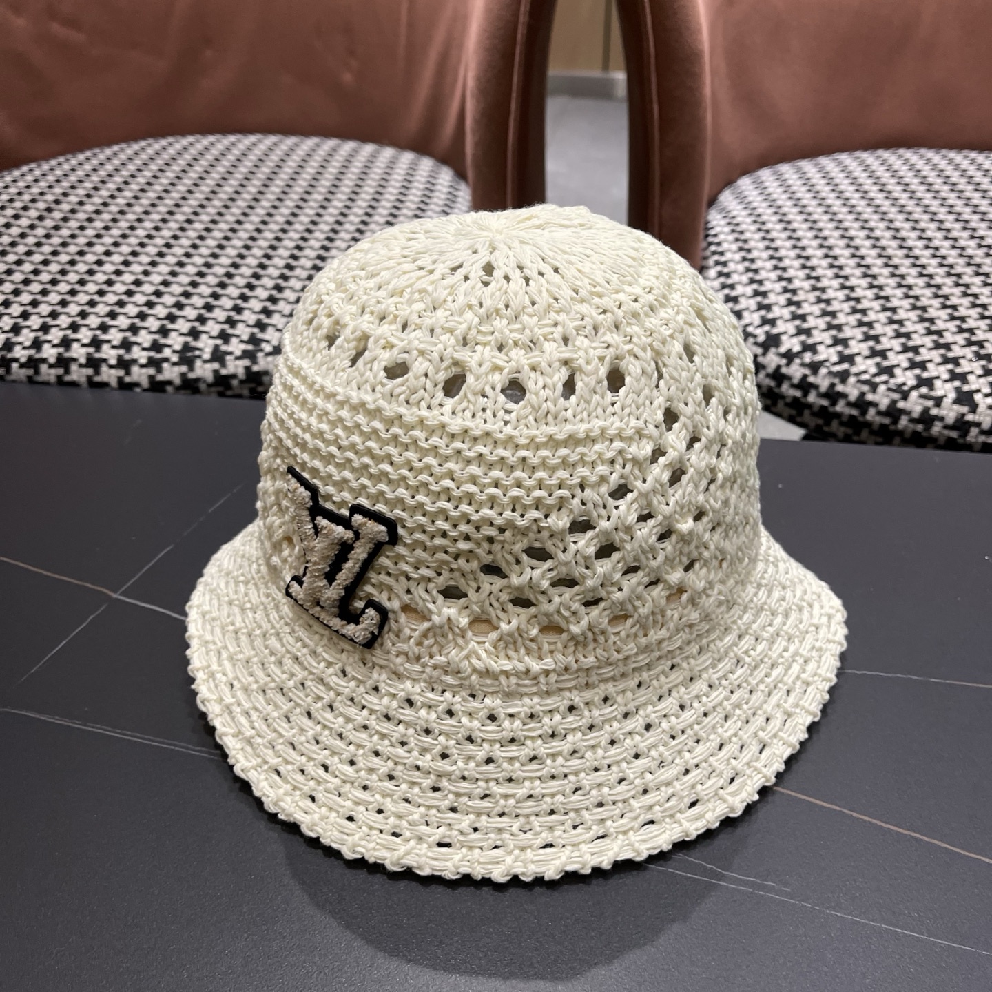 LV路易威登 韩国镂空编织水桶帽渔夫帽女夏季透气针织菱形钩花防晒遮阳盆帽子