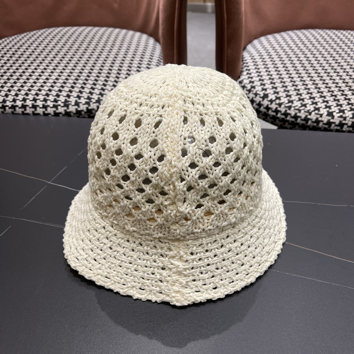 LV路易威登 韩国镂空编织水桶帽渔夫帽女夏季透气针织菱形钩花防晒遮阳盆帽子