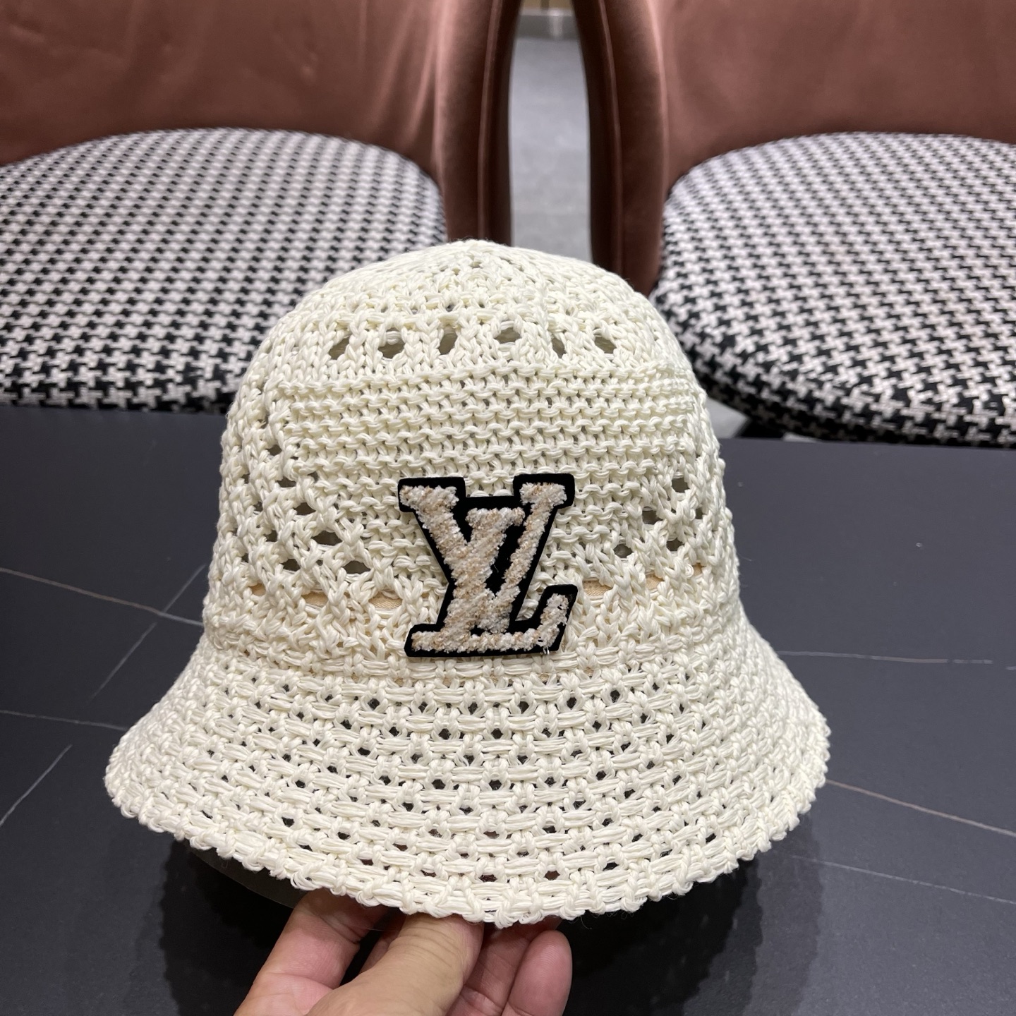 LV路易威登 韩国镂空编织水桶帽渔夫帽女夏季透气针织菱形钩花防晒遮阳盆帽子