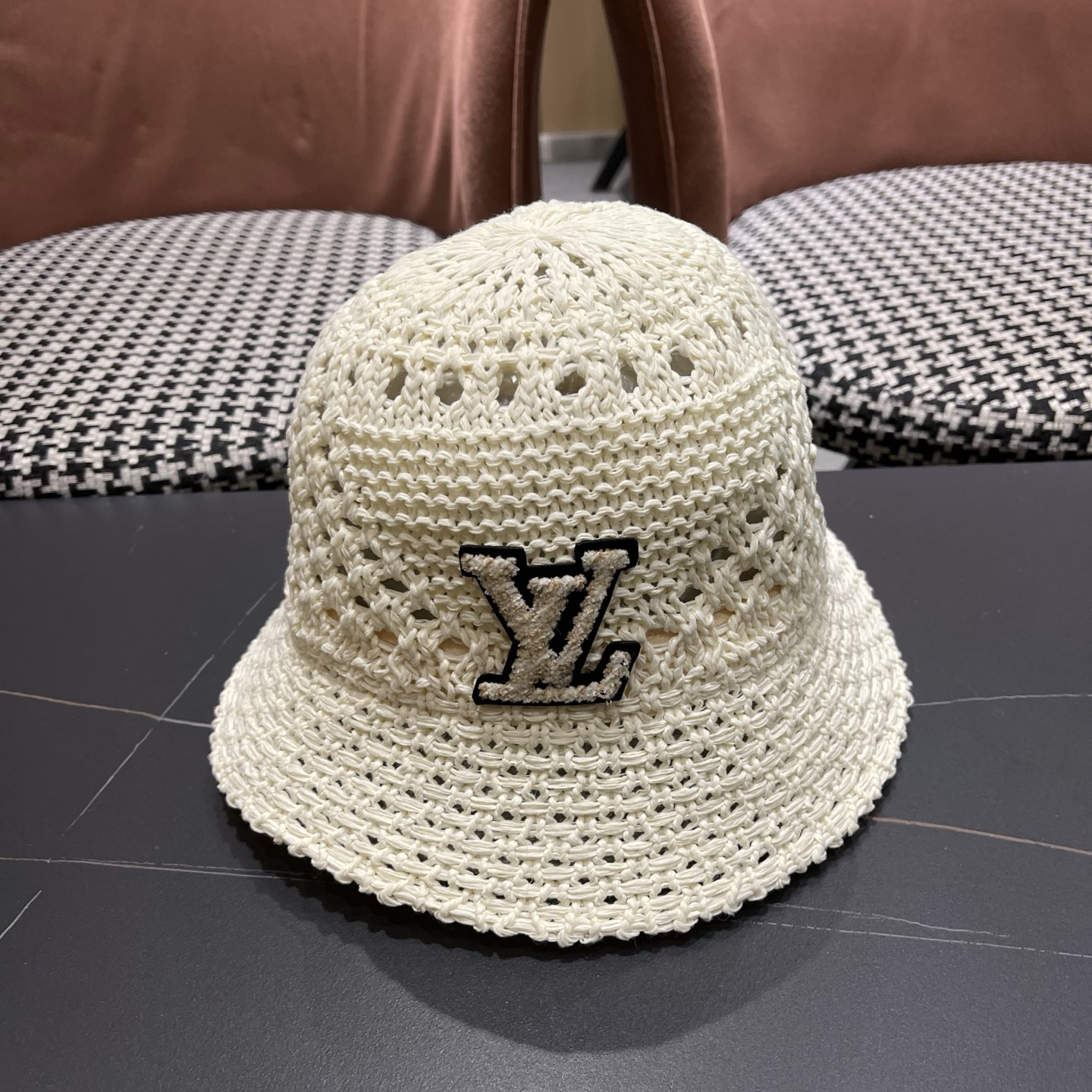 LV路易威登 韩国镂空编织水桶帽渔夫帽女夏季透气针织菱形钩花防晒遮阳盆帽子