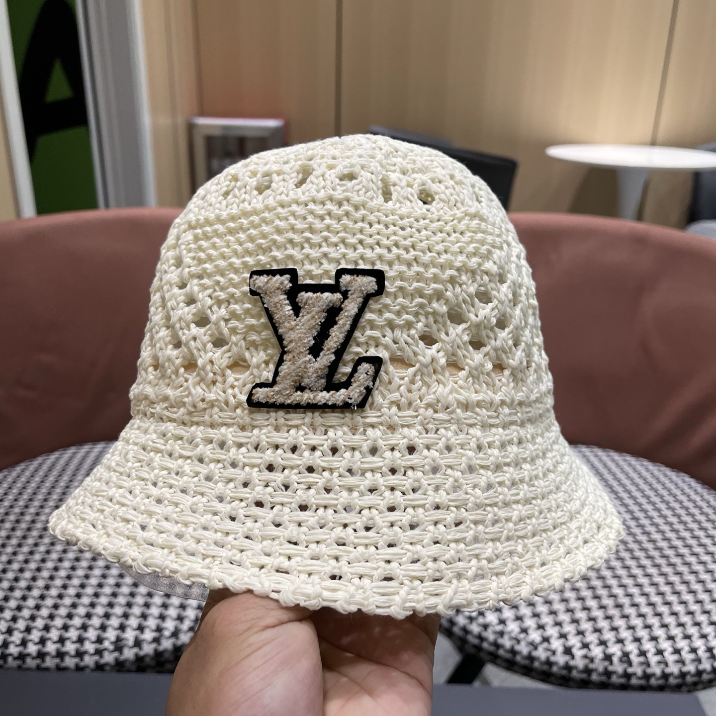 LV路易威登 韩国镂空编织水桶帽渔夫帽女夏季透气针织菱形钩花防晒遮阳盆帽子