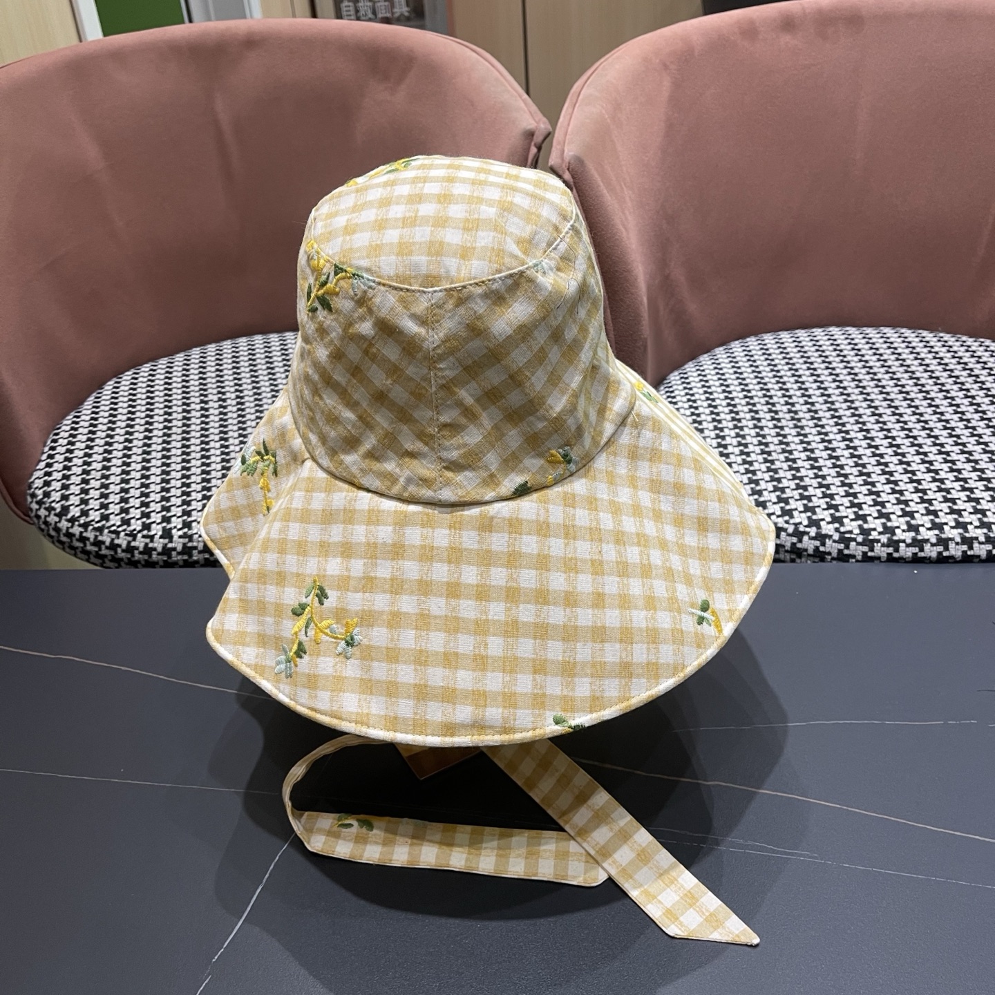 Dior迪奥 韩版格纹系带碎花渔夫帽女夏季千鸟格出游沙滩海边防晒遮阳帽