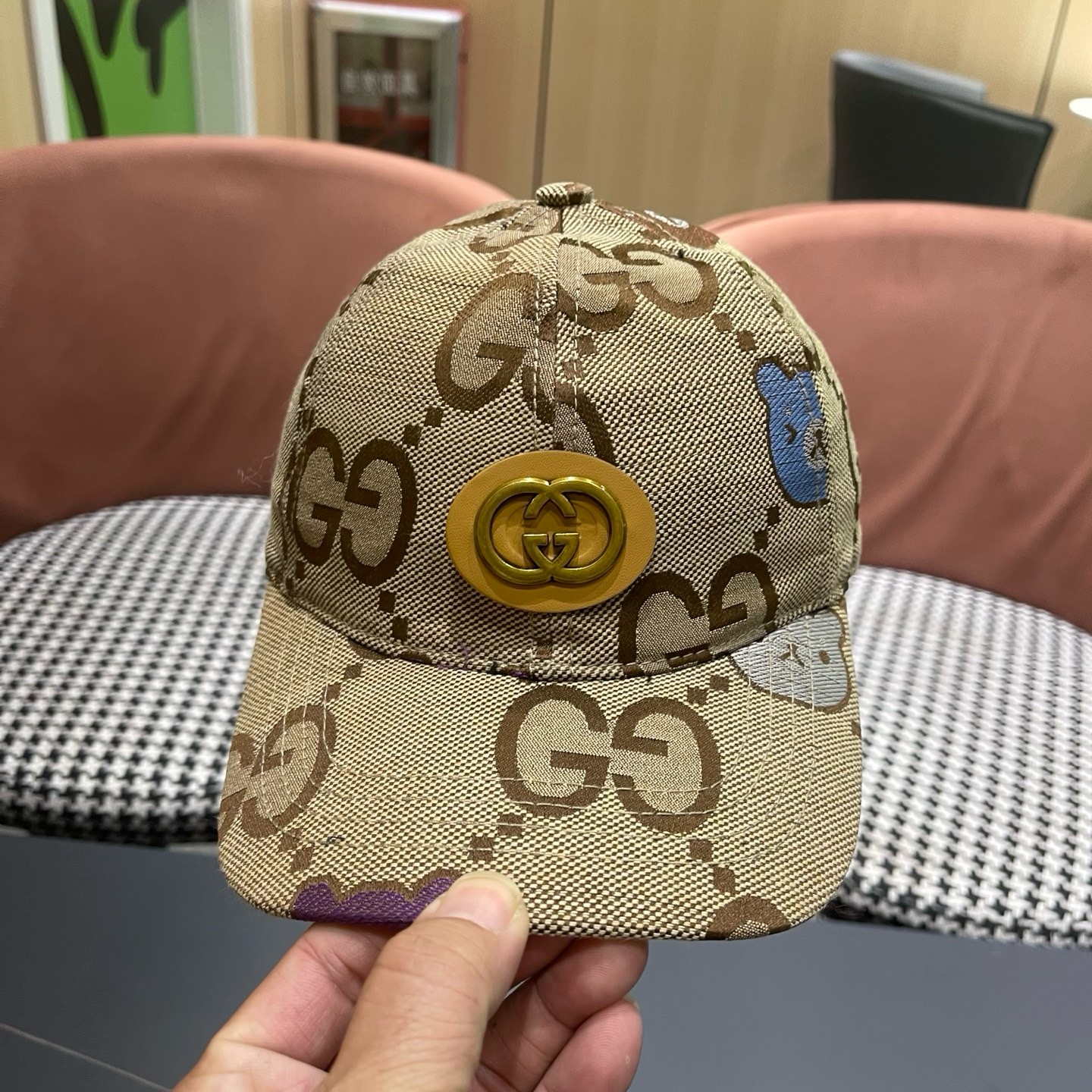 Gucci(古奇)新款原单棒球帽， 大双G拼皮，专柜热卖款，1:1开模订制，原版帆布料+头层牛皮，时尚帅气！质量超赞，基