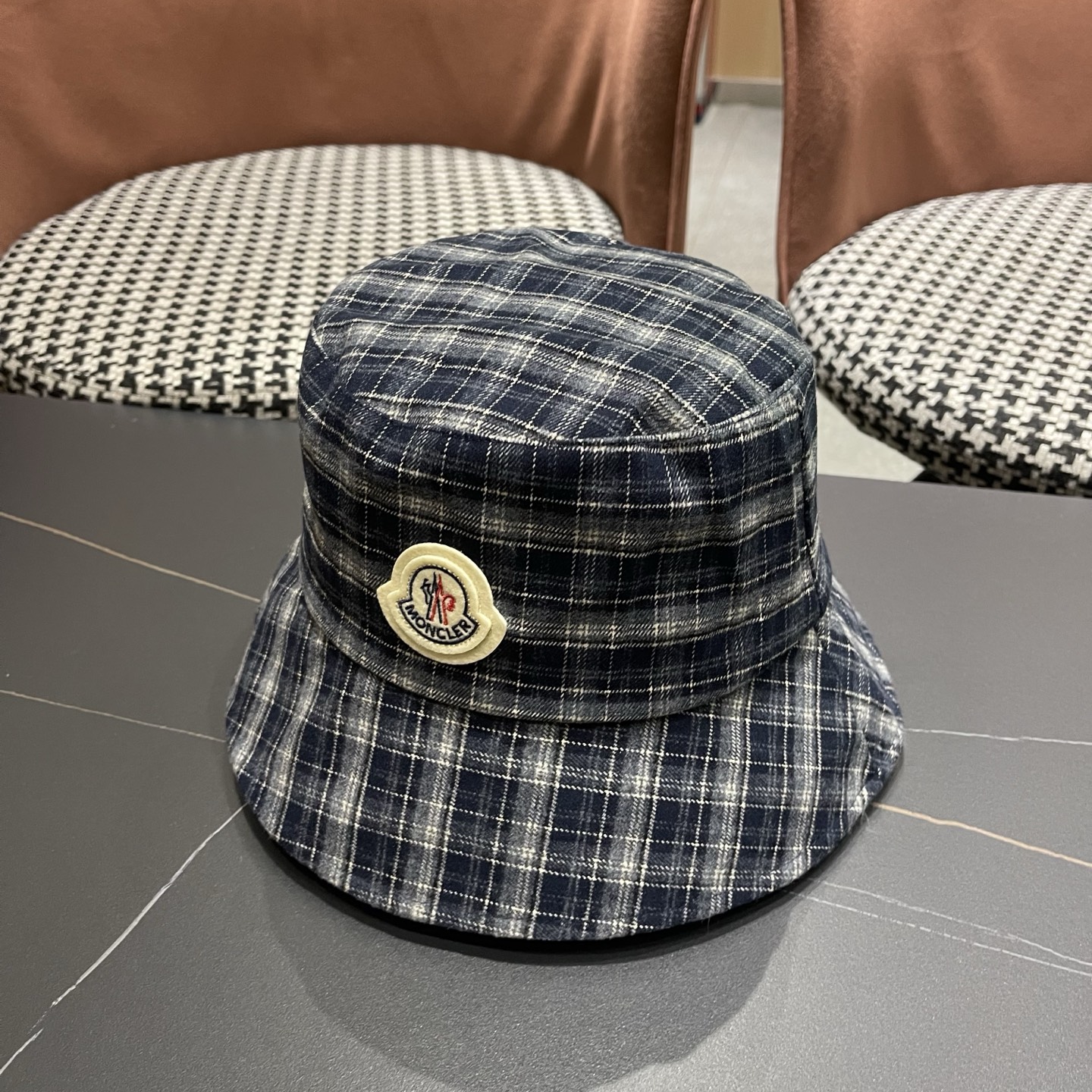 MONCLER（蒙口）日系复古格纹渔夫帽子女春秋季品脸小休闲百搭 文艺水桶帽盆帽潮流