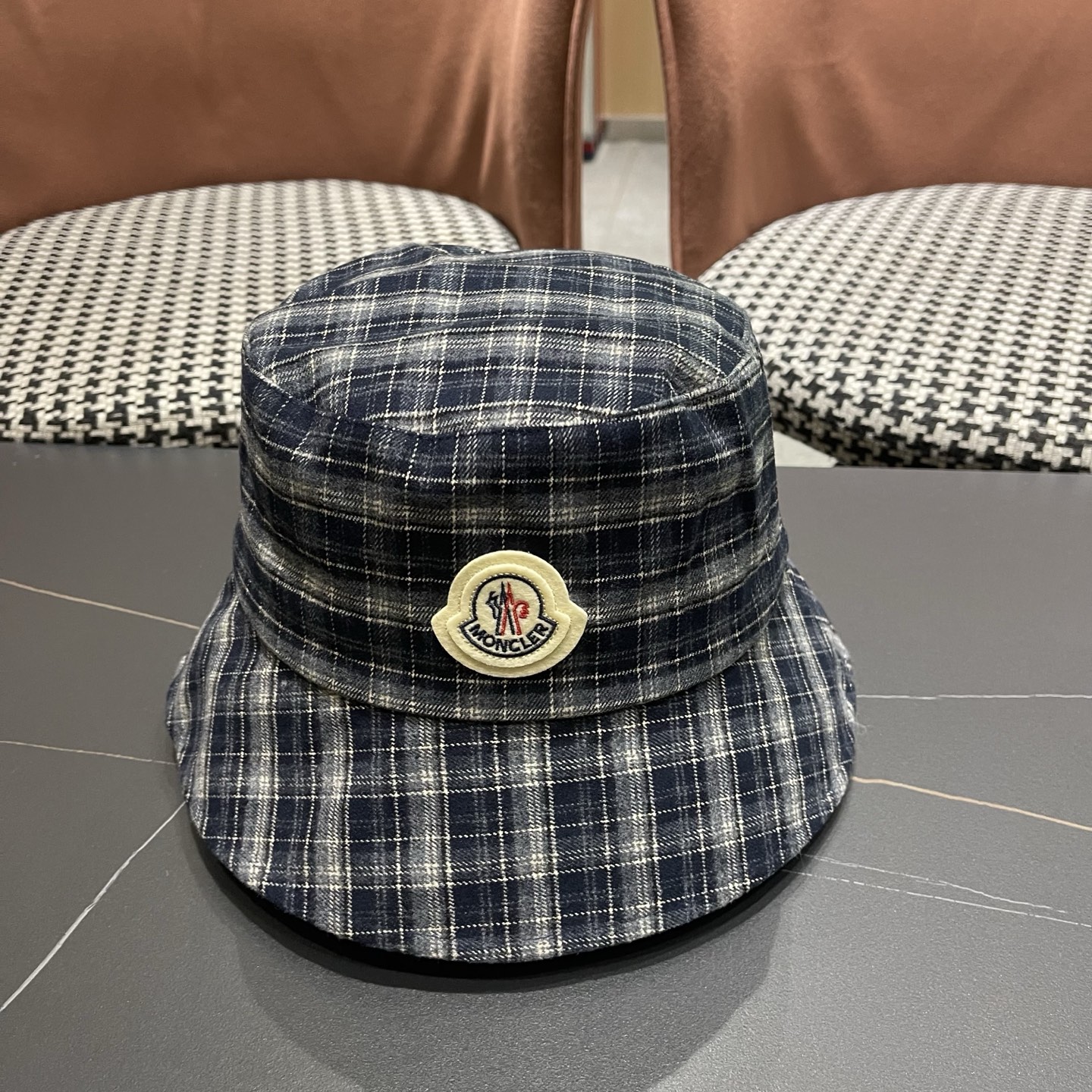 MONCLER（蒙口）日系复古格纹渔夫帽子女春秋季品脸小休闲百搭 文艺水桶帽盆帽潮流