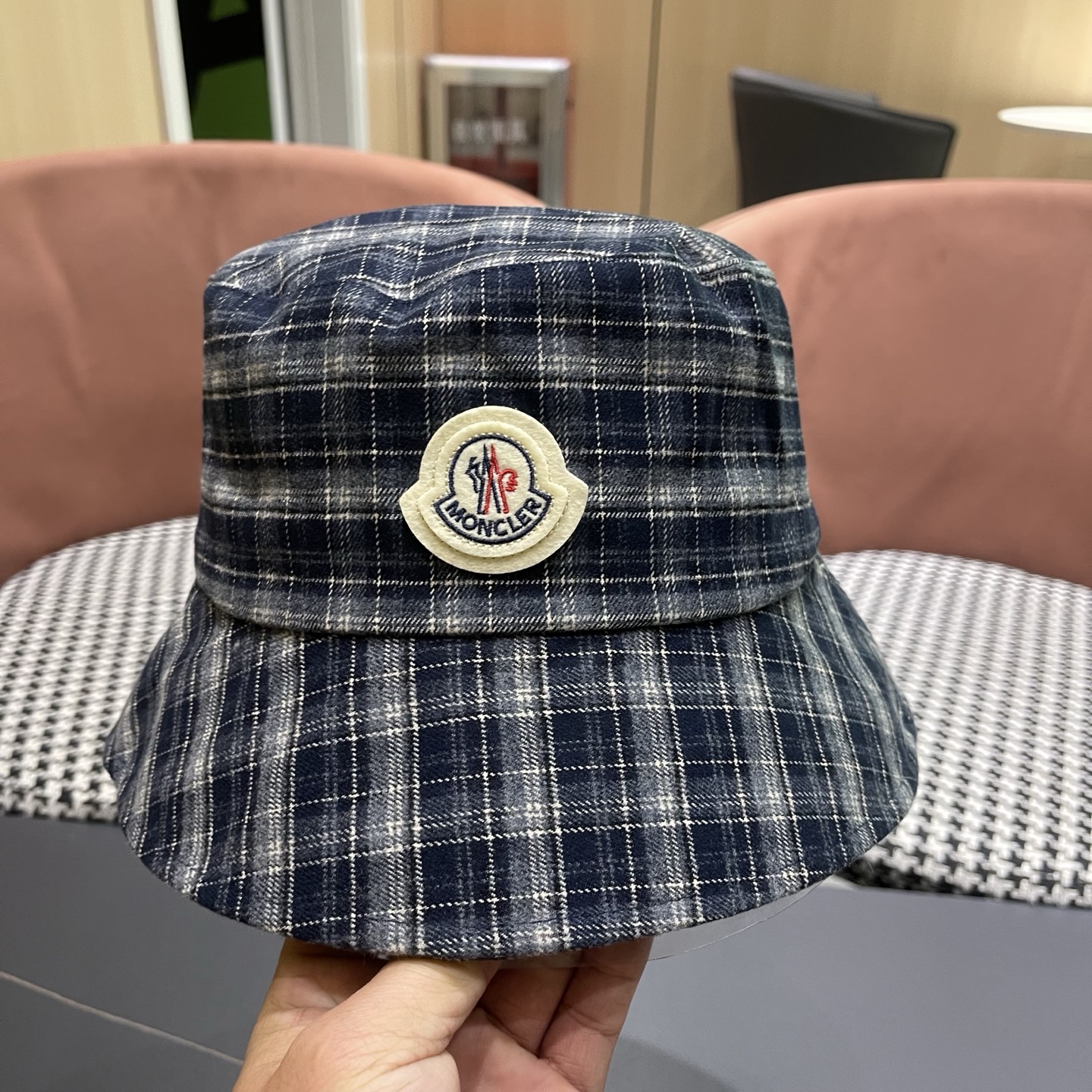 MONCLER（蒙口）日系复古格纹渔夫帽子女春秋季品脸小休闲百搭 文艺水桶帽盆帽潮流