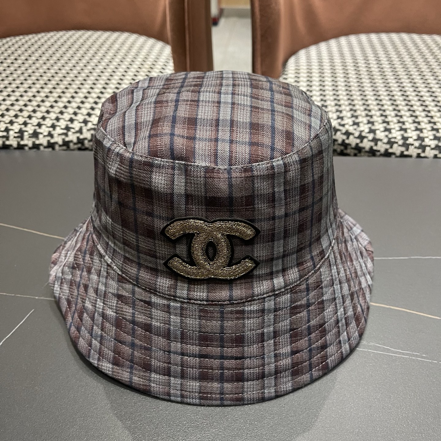 香奈儿 韩版复古格纹渔夫帽子女款春秋季户外遮脸显脸小百搭双面水桶帽盆帽潮