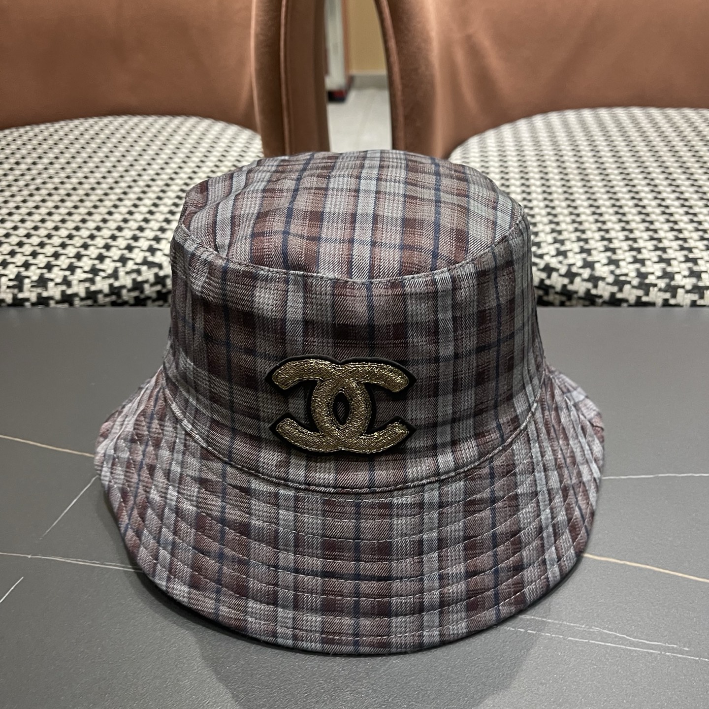 香奈儿 韩版复古格纹渔夫帽子女款春秋季户外遮脸显脸小百搭双面水桶帽盆帽潮