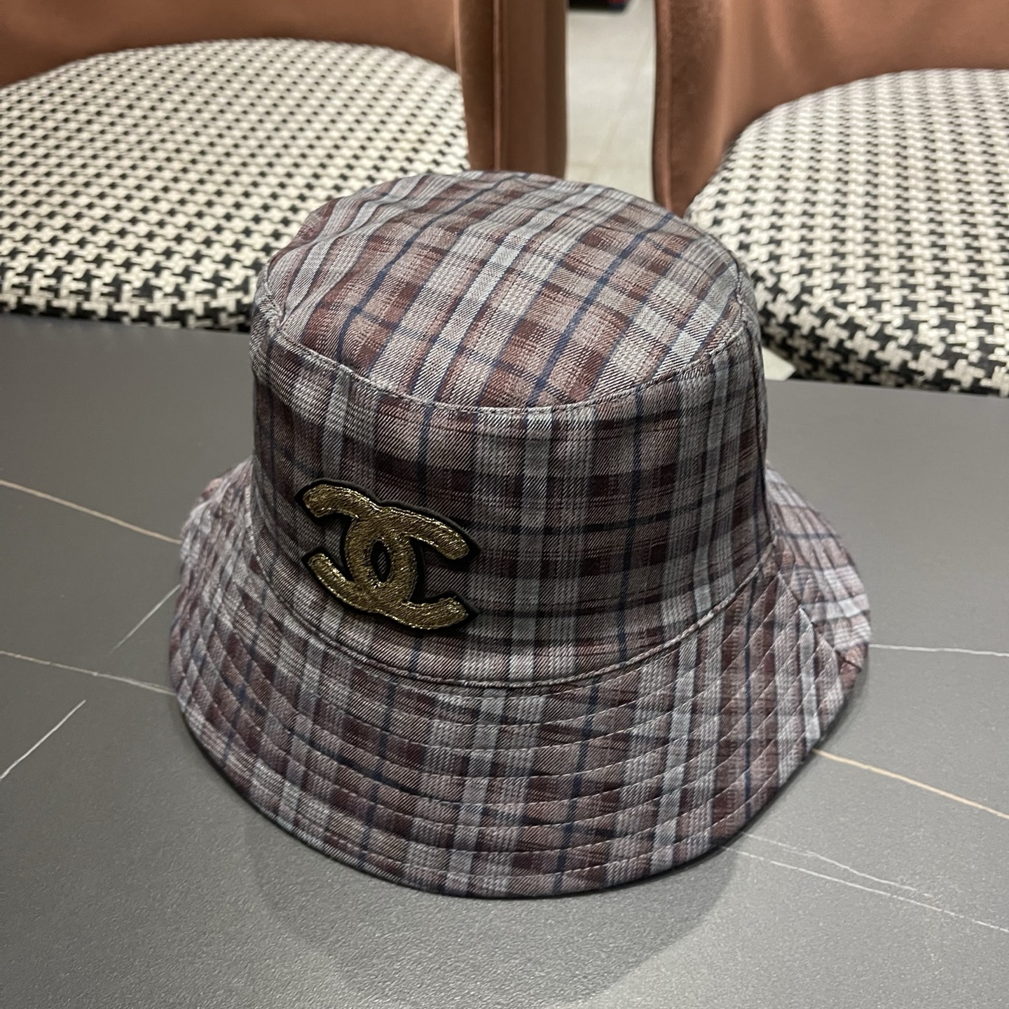 香奈儿 韩版复古格纹渔夫帽子女款春秋季户外遮脸显脸小百搭双面水桶帽盆帽潮