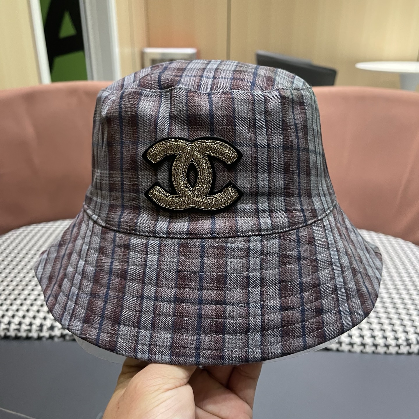 香奈儿 韩版复古格纹渔夫帽子女款春秋季户外遮脸显脸小百搭双面水桶帽盆帽潮