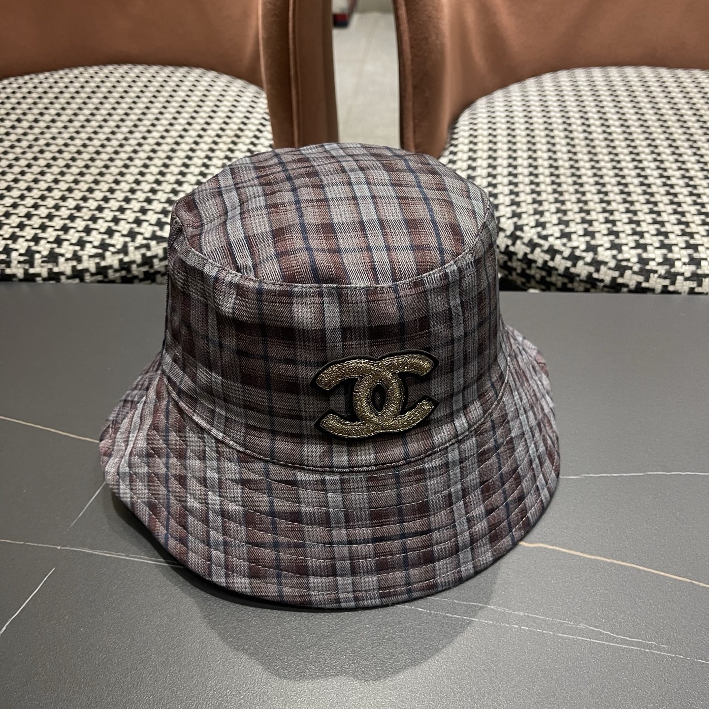 香奈儿 韩版复古格纹渔夫帽子女款春秋季户外遮脸显脸小百搭双面水桶帽盆帽潮