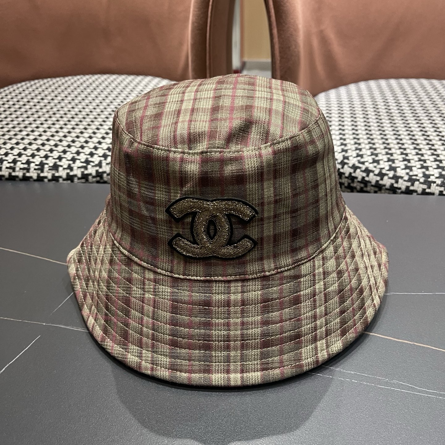 香奈儿 韩版复古格纹渔夫帽子女款春秋季户外遮脸显脸小百搭双面水桶帽盆帽潮