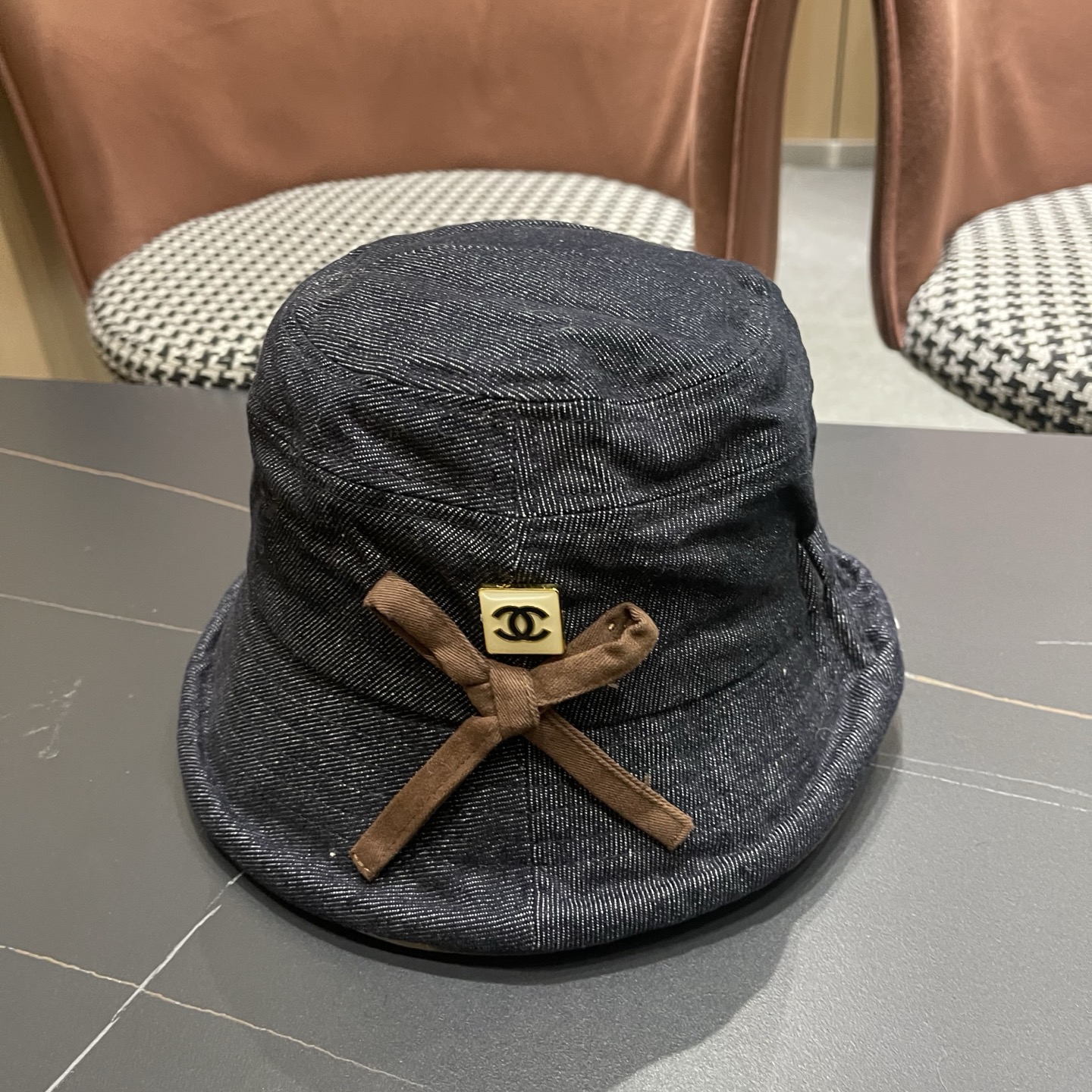 香奈儿CHANEL春秋款高品质卷边渔夫帽日系牛仔布百搭盆帽气质优雅蝴蝶结女