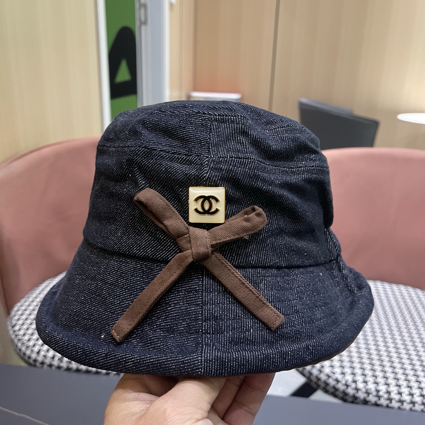 香奈儿CHANEL春秋款高品质卷边渔夫帽日系牛仔布百搭盆帽气质优雅蝴蝶结女