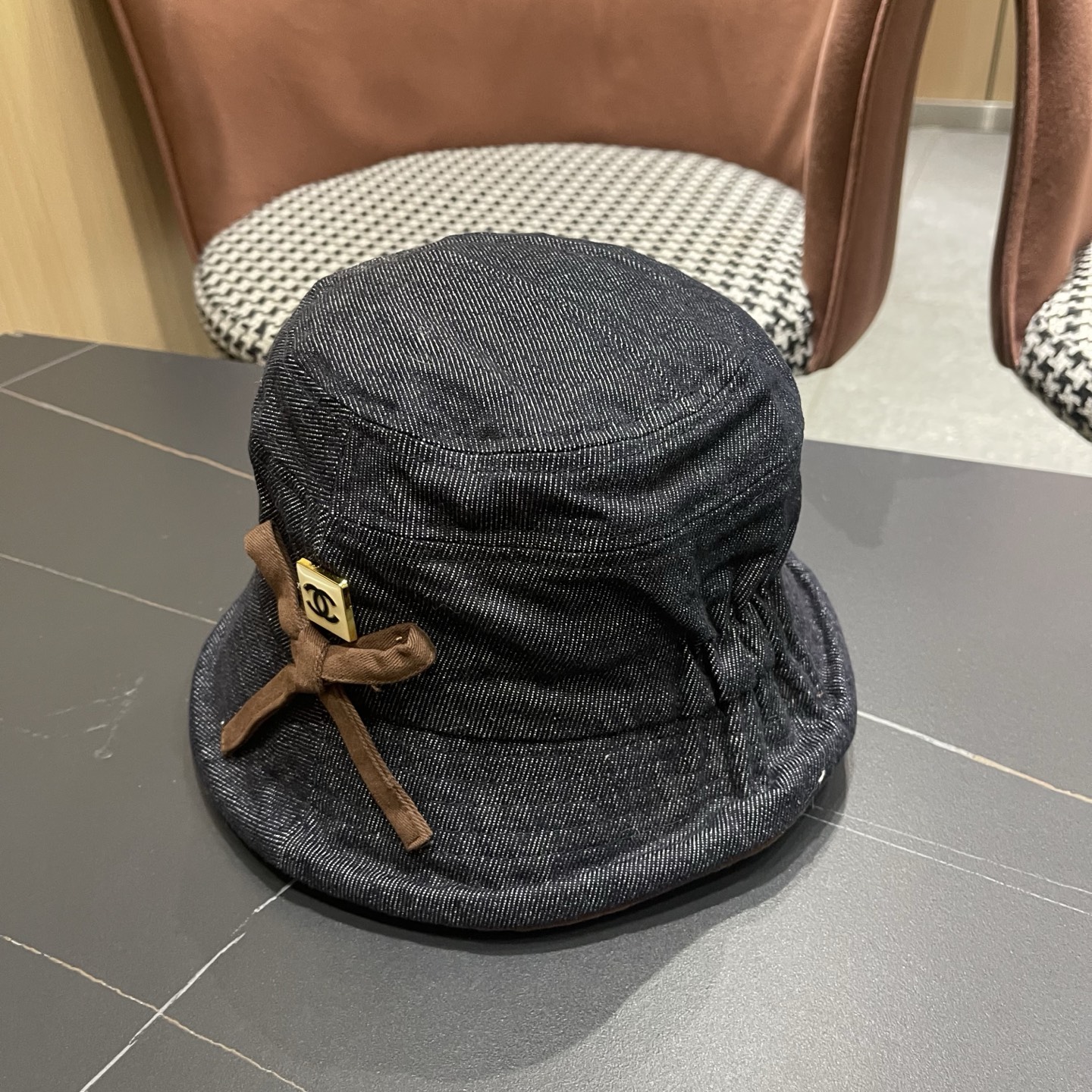 香奈儿CHANEL春秋款高品质卷边渔夫帽日系牛仔布百搭盆帽气质优雅蝴蝶结女