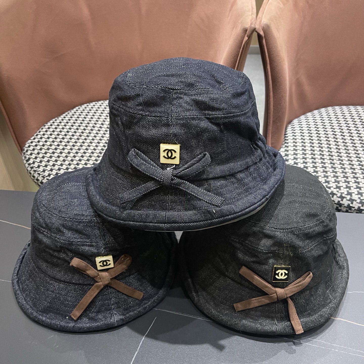 香奈儿CHANEL春秋款高品质卷边渔夫帽日系牛仔布百搭盆帽气质优雅蝴蝶结女