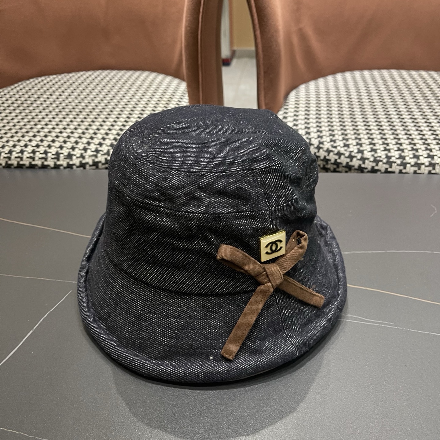 香奈儿CHANEL春秋款高品质卷边渔夫帽日系牛仔布百搭盆帽气质优雅蝴蝶结女