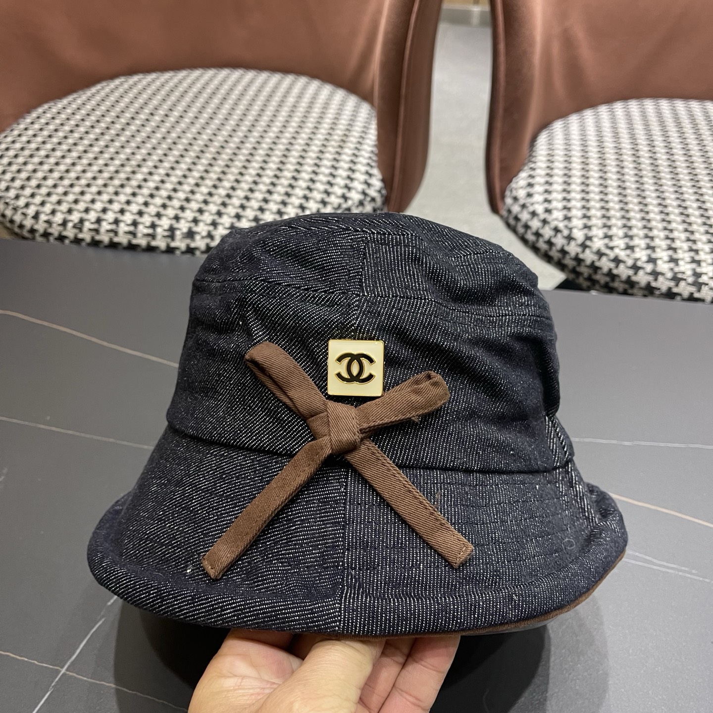 香奈儿CHANEL春秋款高品质卷边渔夫帽日系牛仔布百搭盆帽气质优雅蝴蝶结女