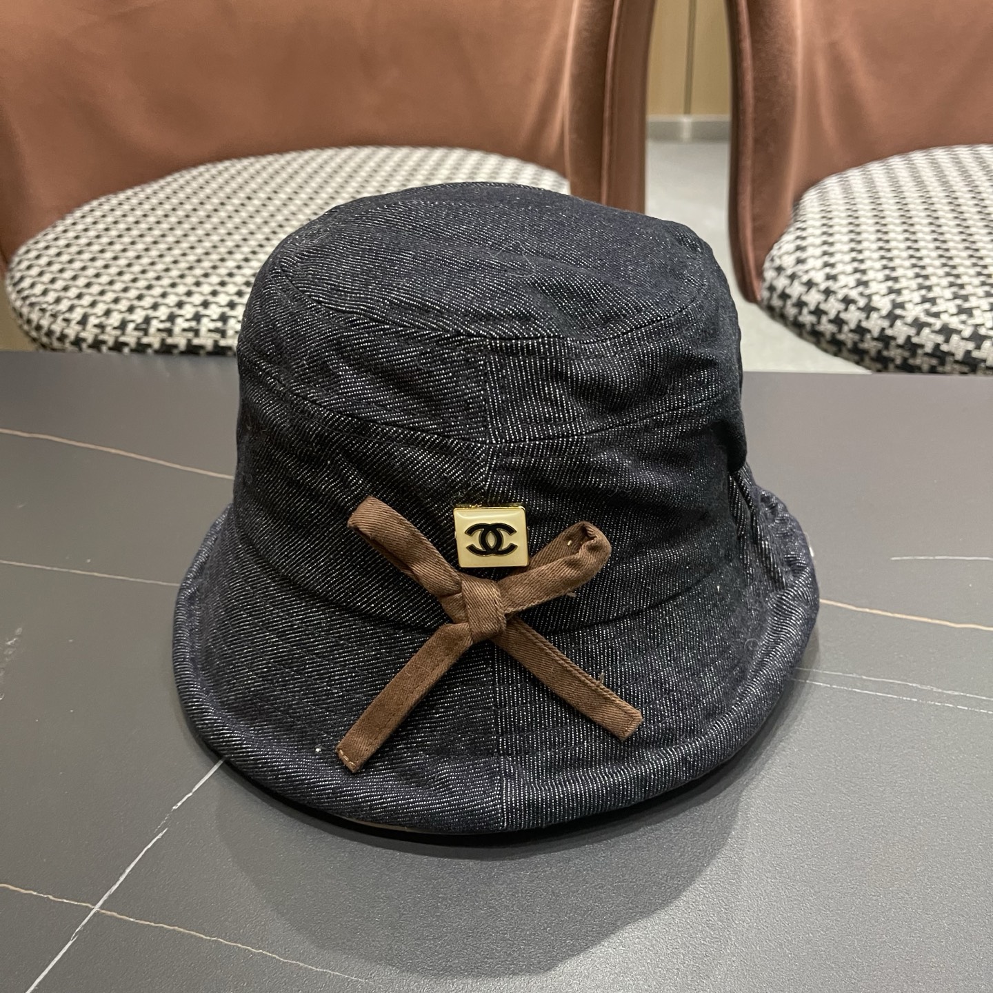香奈儿CHANEL春秋款高品质卷边渔夫帽日系牛仔布百搭盆帽气质优雅蝴蝶结女