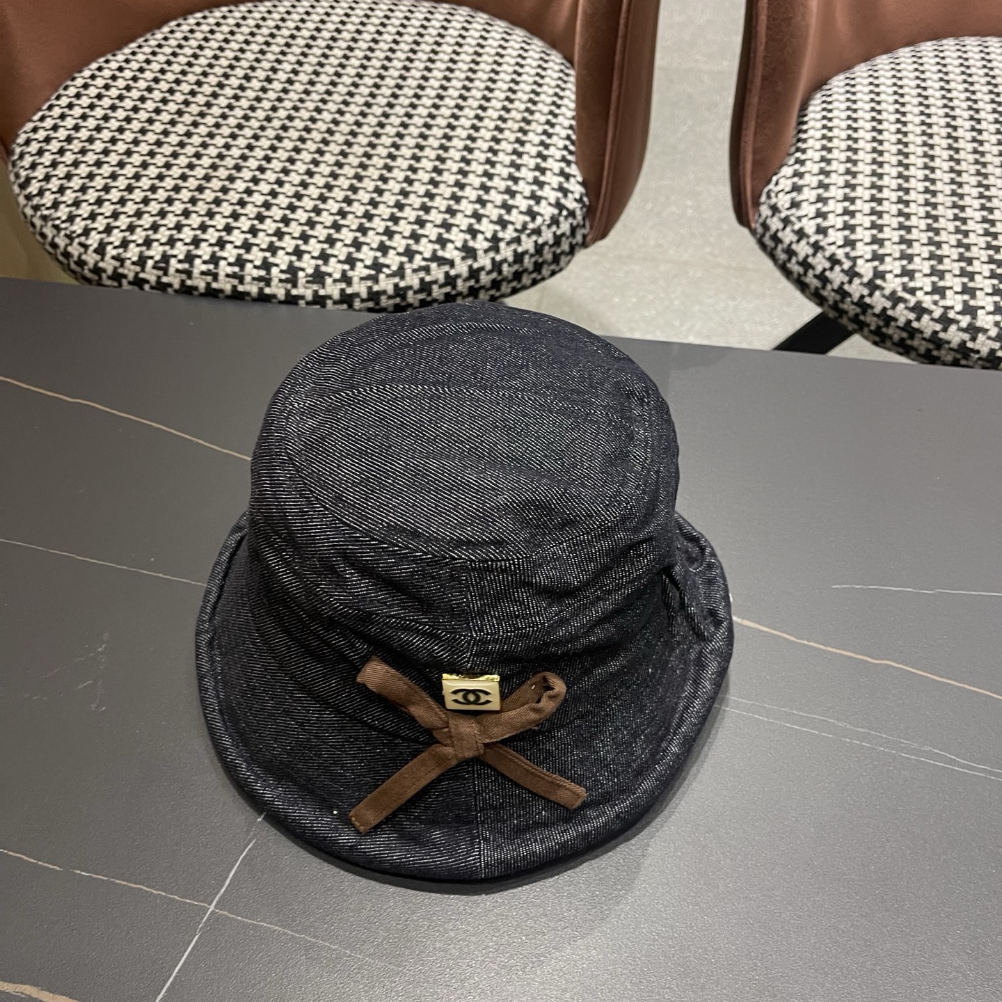 香奈儿CHANEL春秋款高品质卷边渔夫帽日系牛仔布百搭盆帽气质优雅蝴蝶结女