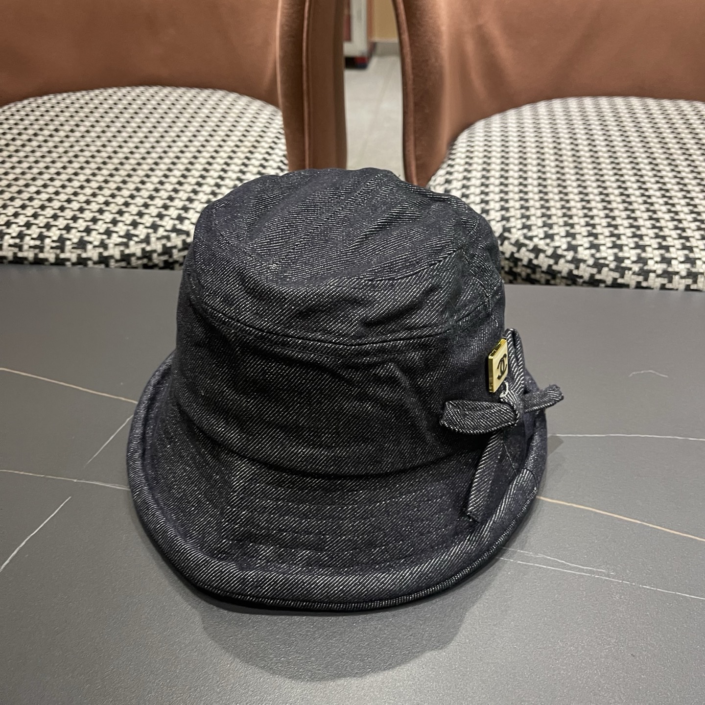 香奈儿CHANEL春秋款高品质卷边渔夫帽日系牛仔布百搭盆帽气质优雅蝴蝶结女