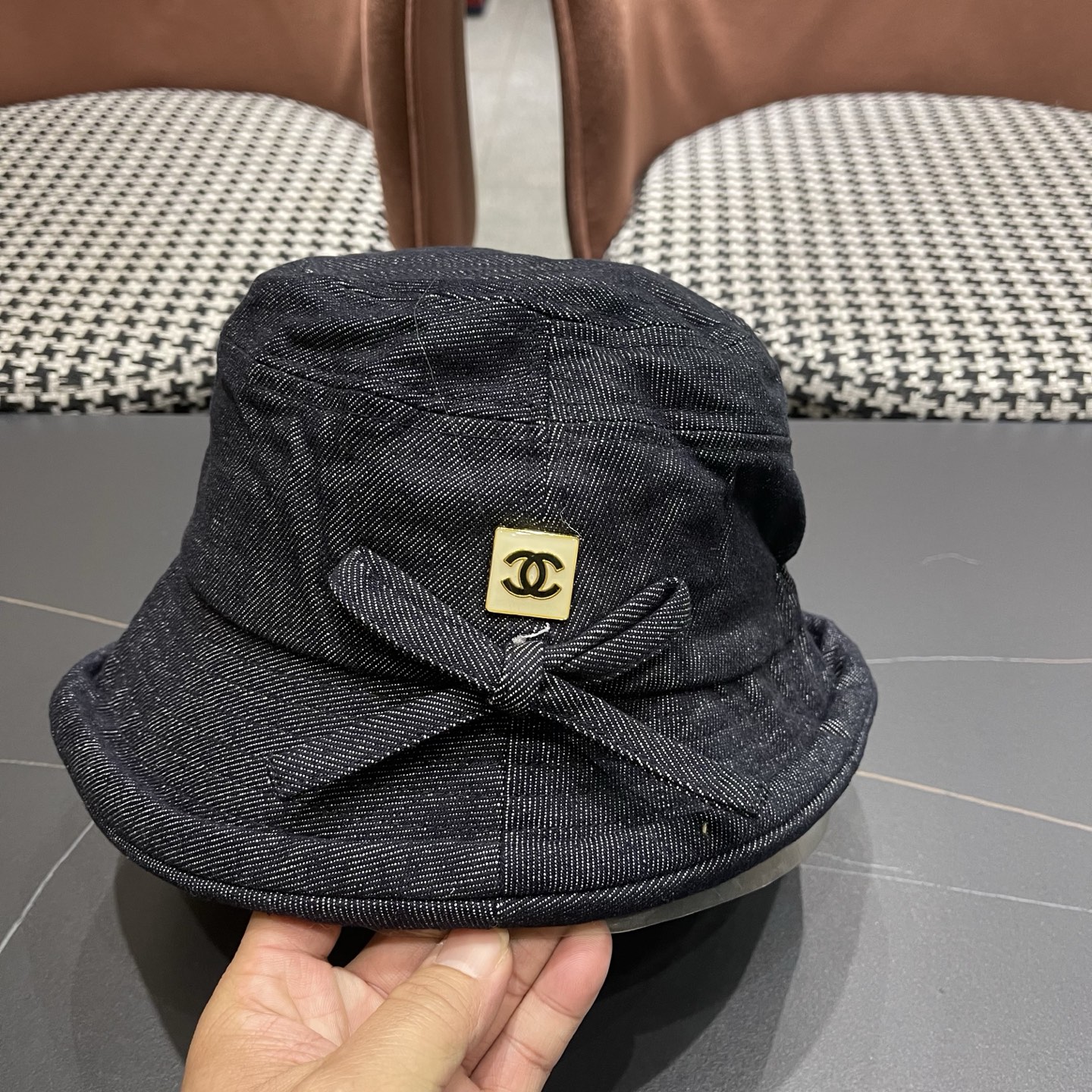 香奈儿CHANEL春秋款高品质卷边渔夫帽日系牛仔布百搭盆帽气质优雅蝴蝶结女