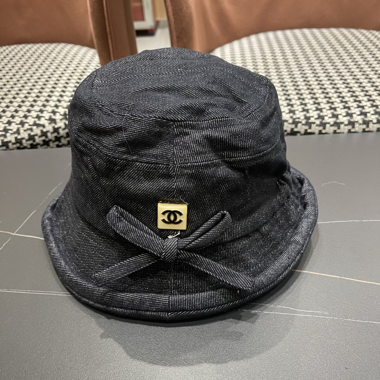 香奈儿CHANEL春秋款高品质卷边渔夫帽日系牛仔布百搭盆帽气质优雅蝴蝶结女