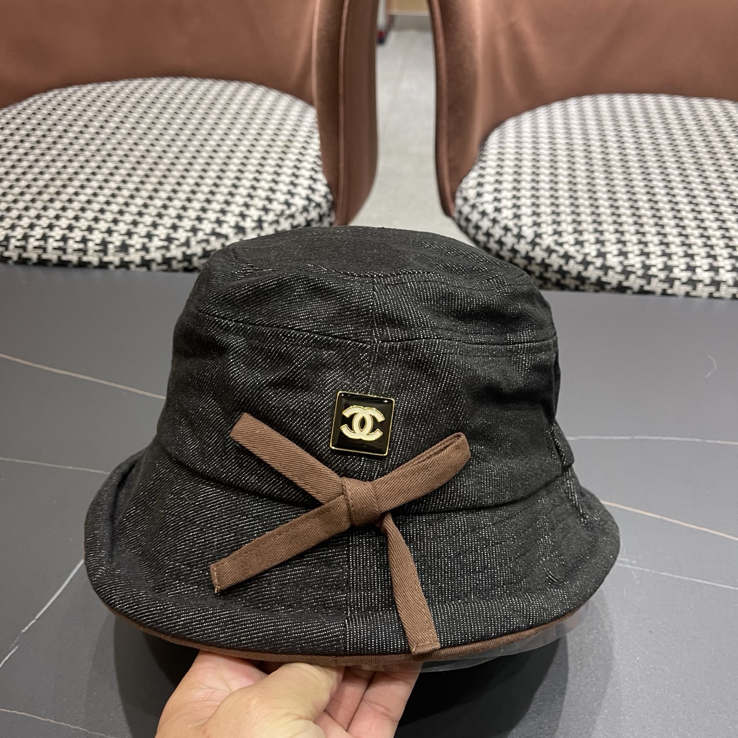 香奈儿CHANEL春秋款高品质卷边渔夫帽日系牛仔布百搭盆帽气质优雅蝴蝶结女