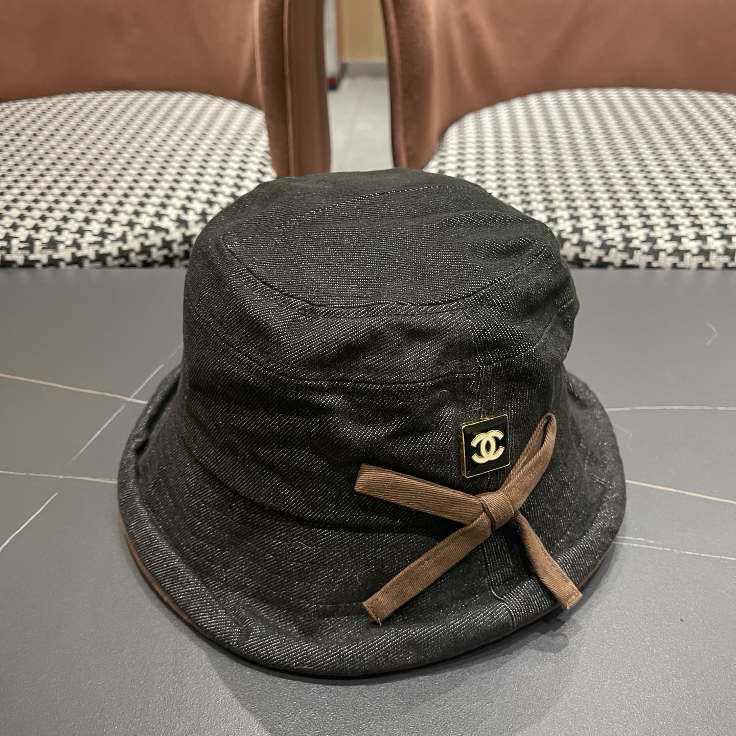 香奈儿CHANEL春秋款高品质卷边渔夫帽日系牛仔布百搭盆帽气质优雅蝴蝶结女