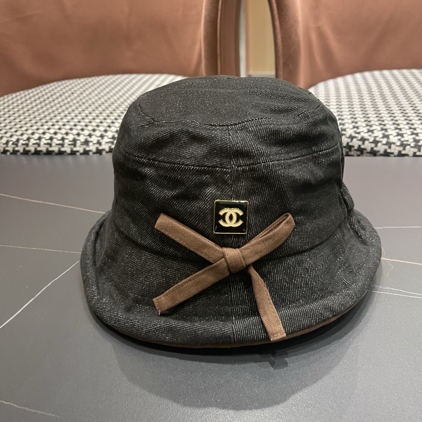 香奈儿CHANEL春秋款高品质卷边渔夫帽日系牛仔布百搭盆帽气质优雅蝴蝶结女