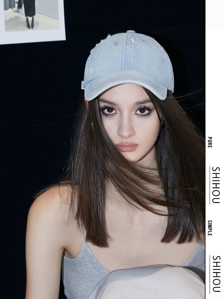 Gucci古奇新款甜辣风复古美式水洗牛仔黑色浅蓝磨破 薄款软顶弯檐棒球帽