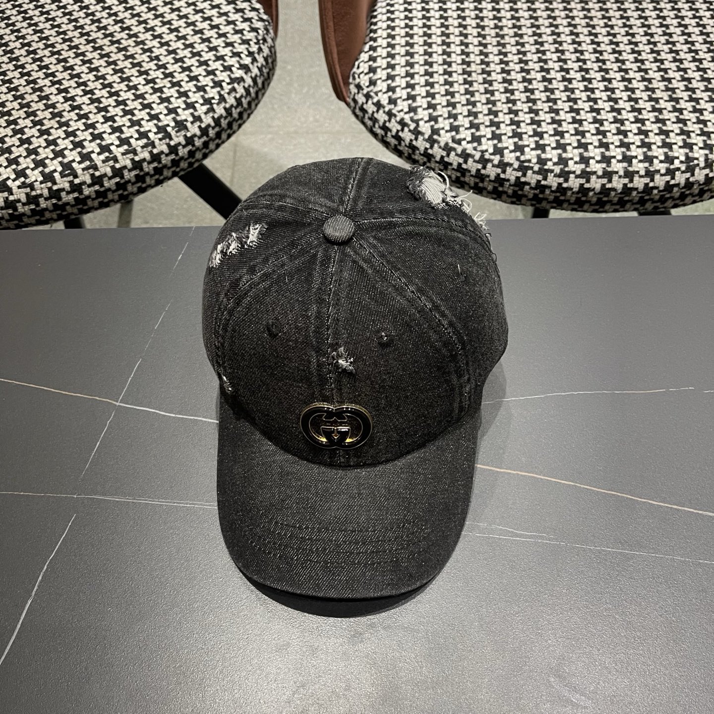 Gucci古奇新款甜辣风复古美式水洗牛仔黑色浅蓝磨破 薄款软顶弯檐棒球帽