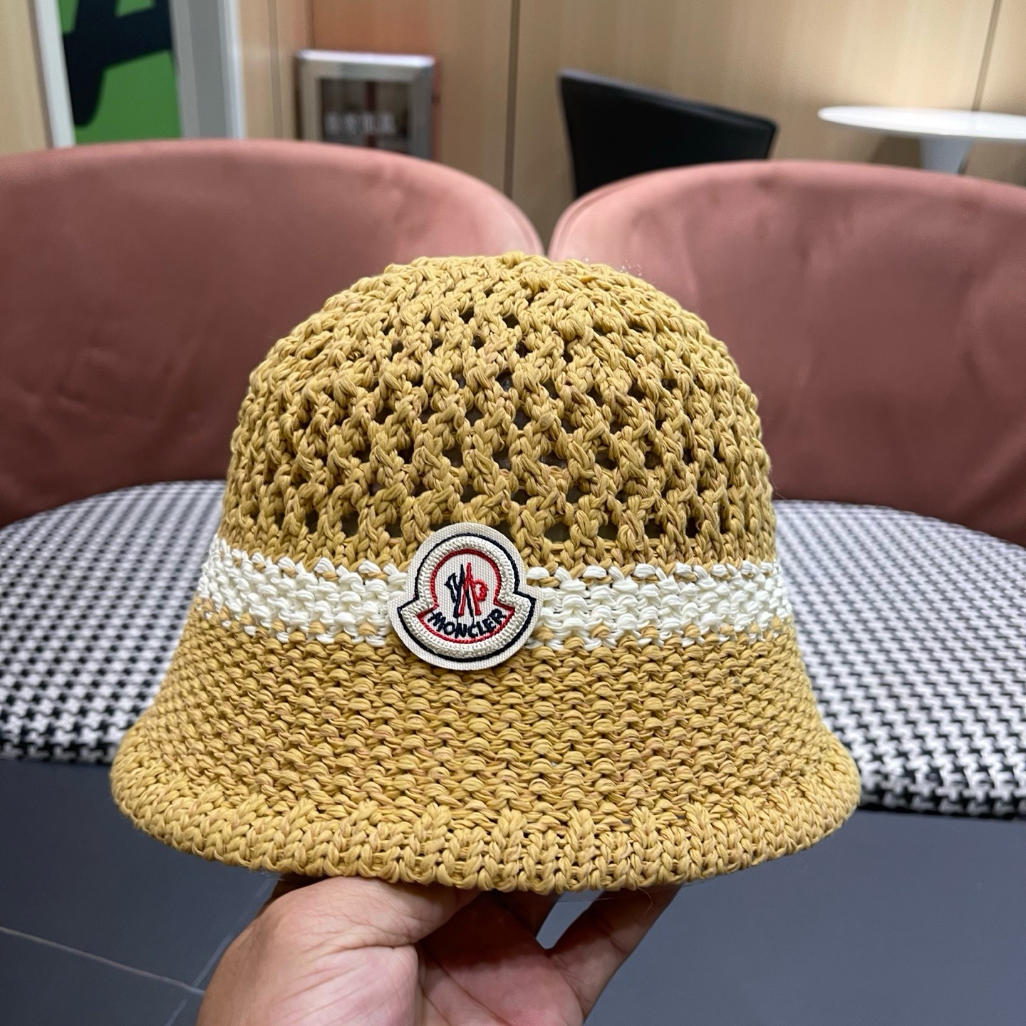 MONCLER（蒙口）缕空透气渔夫帽女夏季新款遮阳防晒显脸小盆帽户外休闲太阳帽