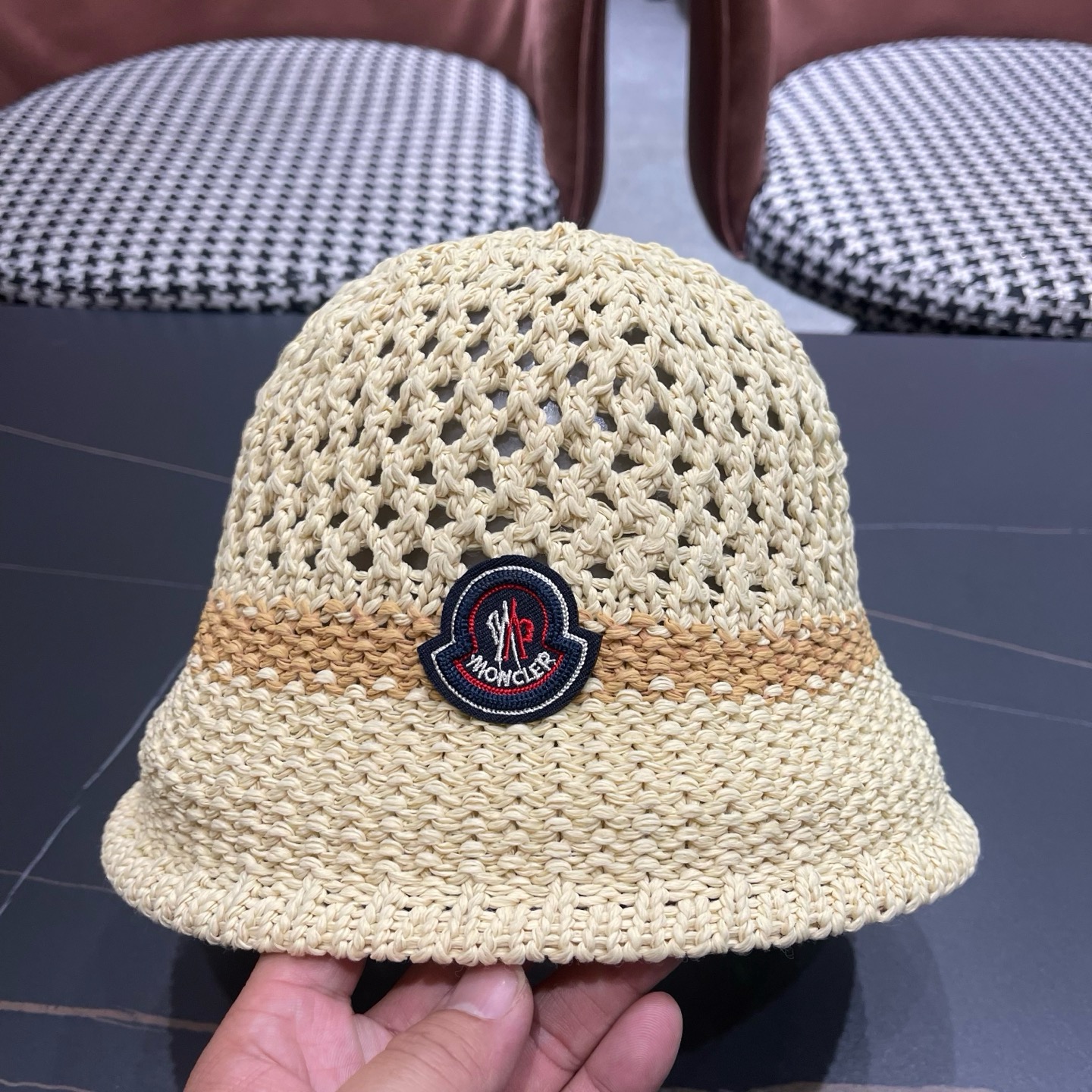 MONCLER（蒙口）缕空透气渔夫帽女夏季新款遮阳防晒显脸小盆帽户外休闲太阳帽