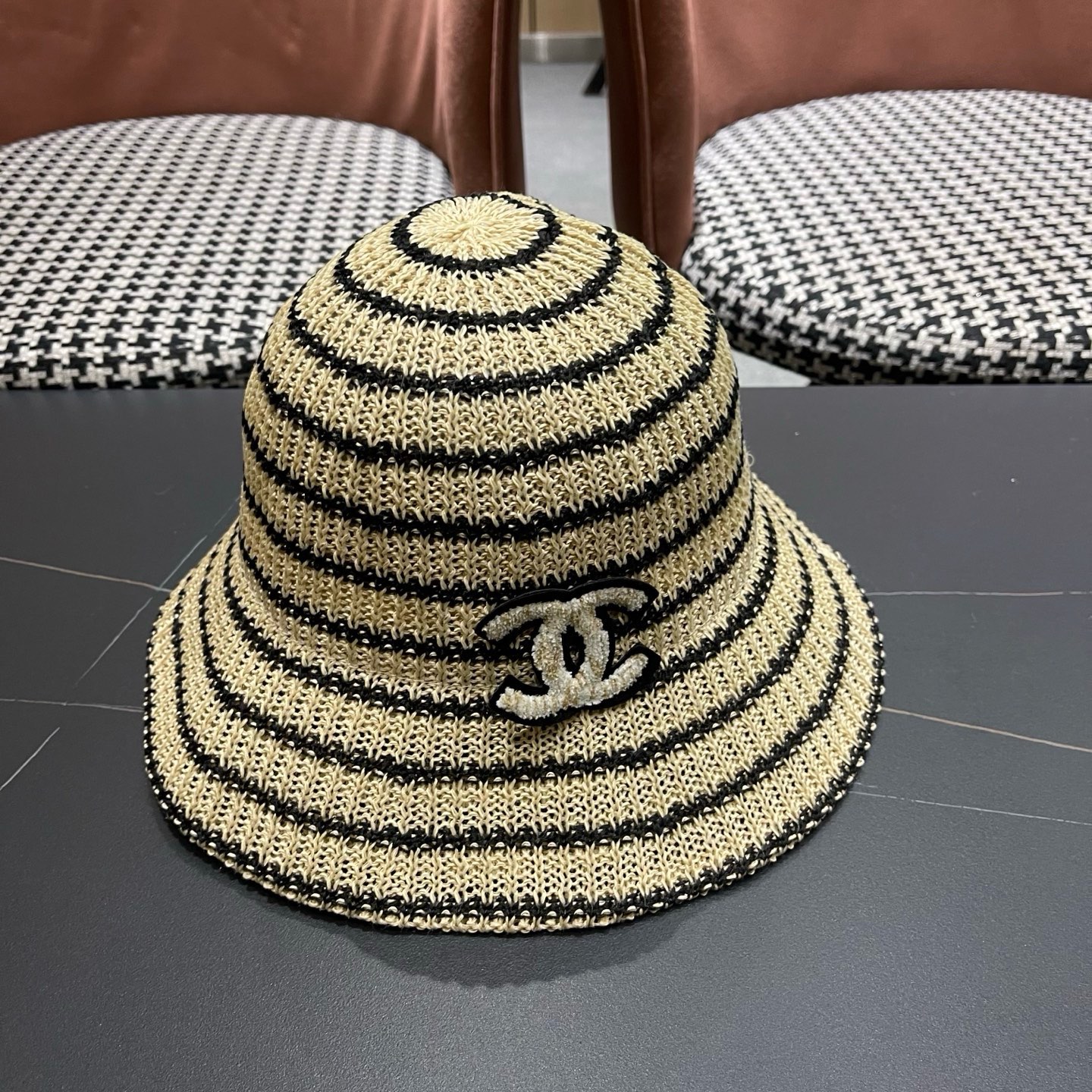 CHANEL香奈儿 日系条纹渔夫帽女春夏透气遮阳水桶帽时尚针织盆帽文艺防晒太阳帽