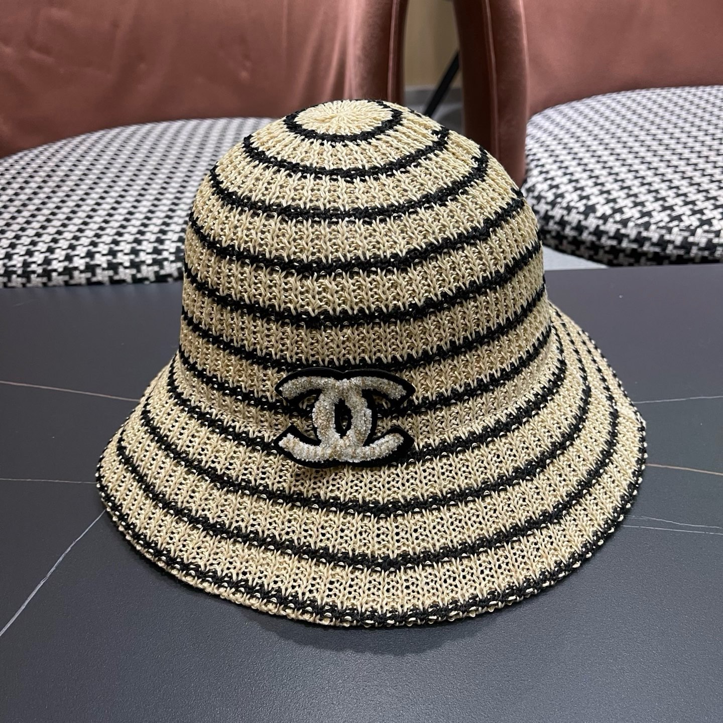 CHANEL香奈儿 日系条纹渔夫帽女春夏透气遮阳水桶帽时尚针织盆帽文艺防晒太阳帽