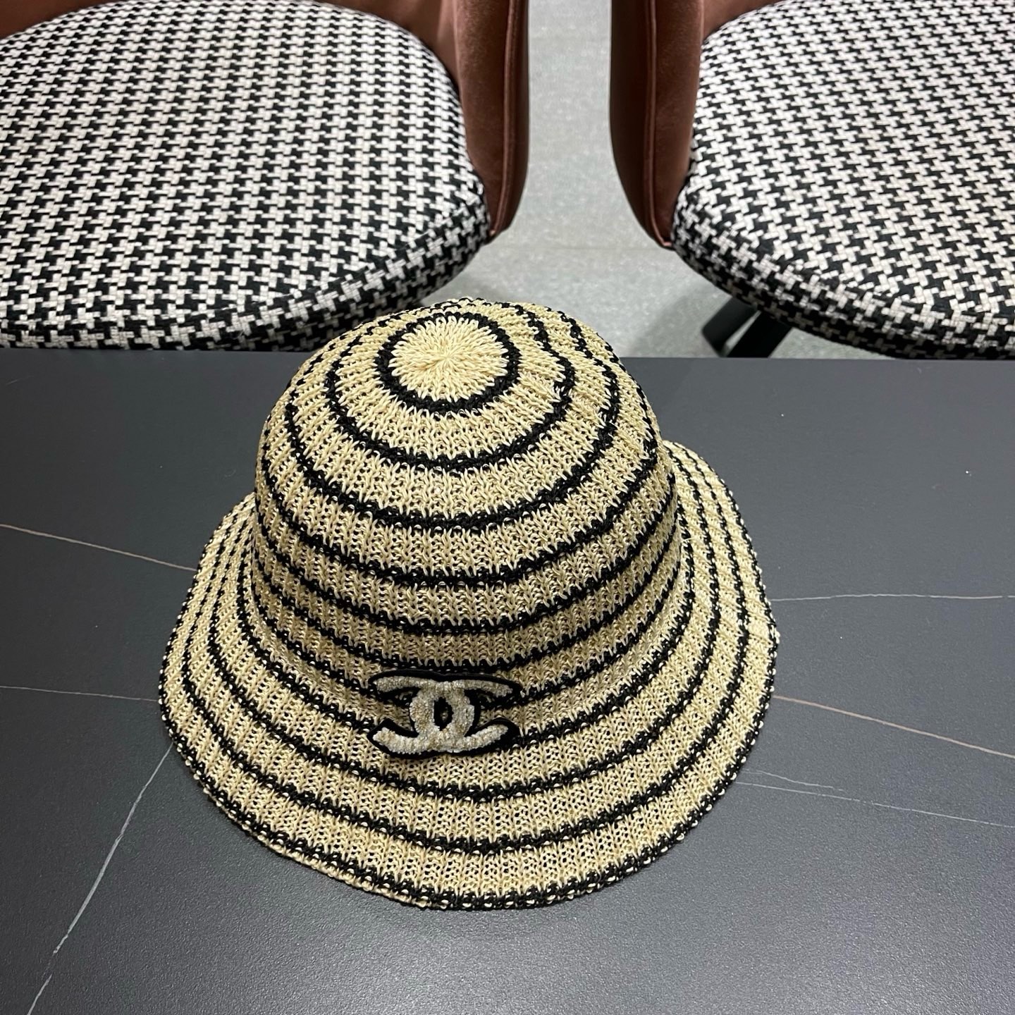CHANEL香奈儿 日系条纹渔夫帽女春夏透气遮阳水桶帽时尚针织盆帽文艺防晒太阳帽