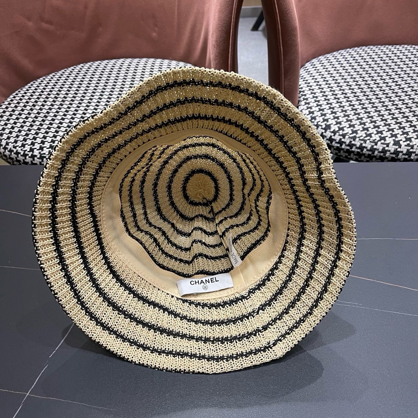 CHANEL香奈儿 日系条纹渔夫帽女春夏透气遮阳水桶帽时尚针织盆帽文艺防晒太阳帽