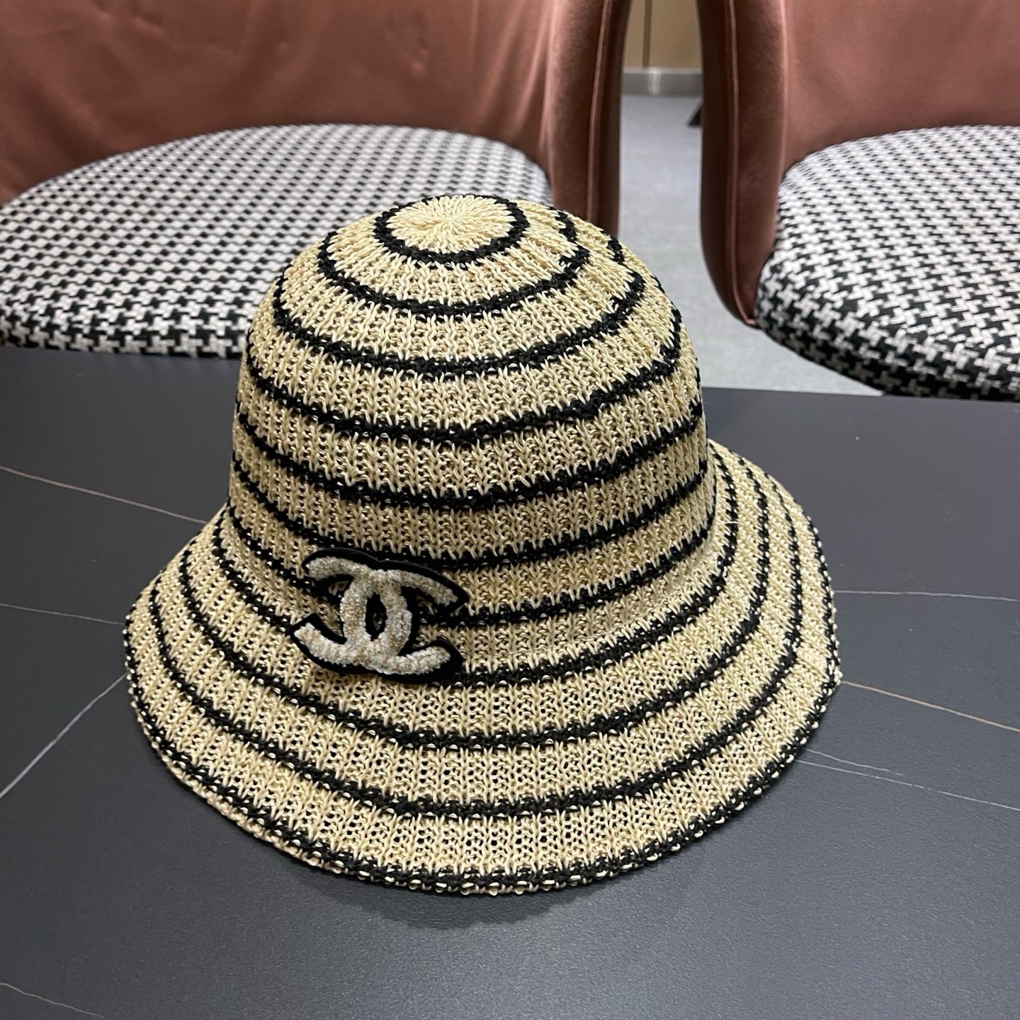 CHANEL香奈儿 日系条纹渔夫帽女春夏透气遮阳水桶帽时尚针织盆帽文艺防晒太阳帽