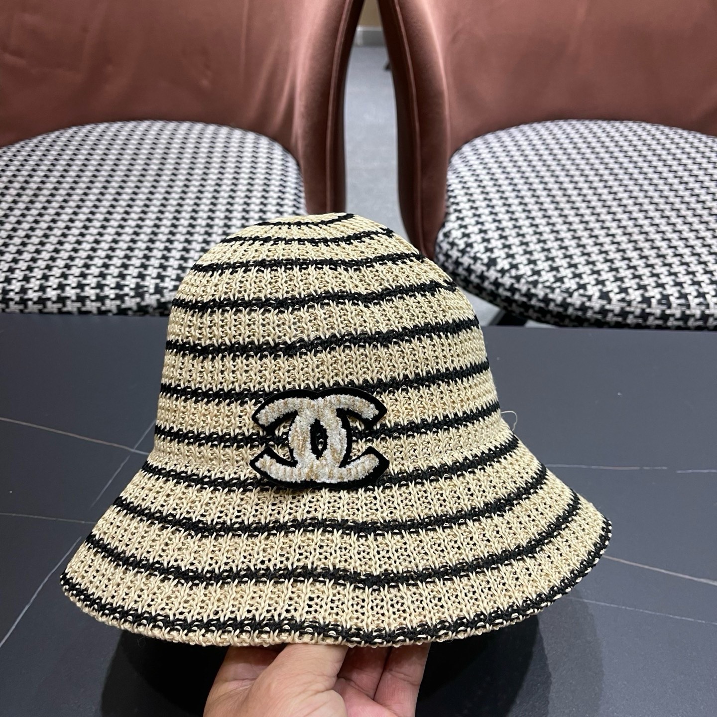 CHANEL香奈儿 日系条纹渔夫帽女春夏透气遮阳水桶帽时尚针织盆帽文艺防晒太阳帽