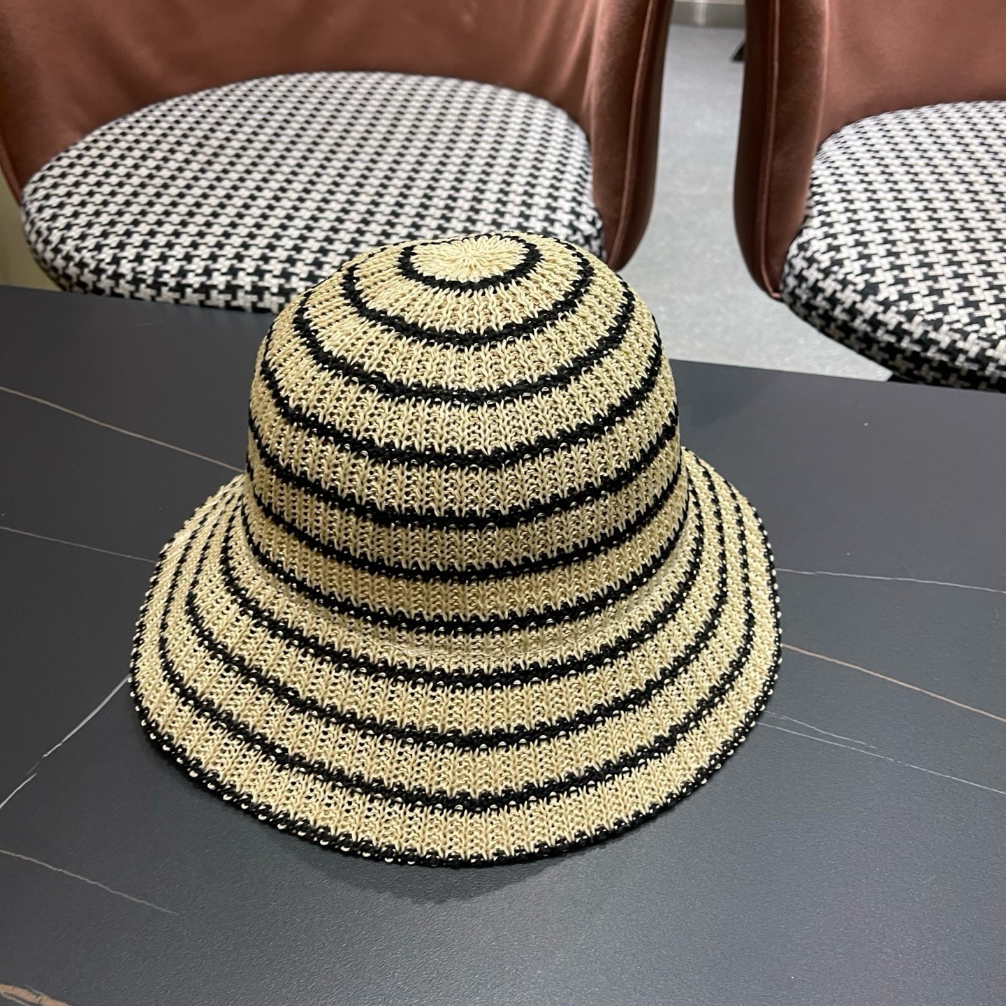 CHANEL香奈儿 日系条纹渔夫帽女春夏透气遮阳水桶帽时尚针织盆帽文艺防晒太阳帽