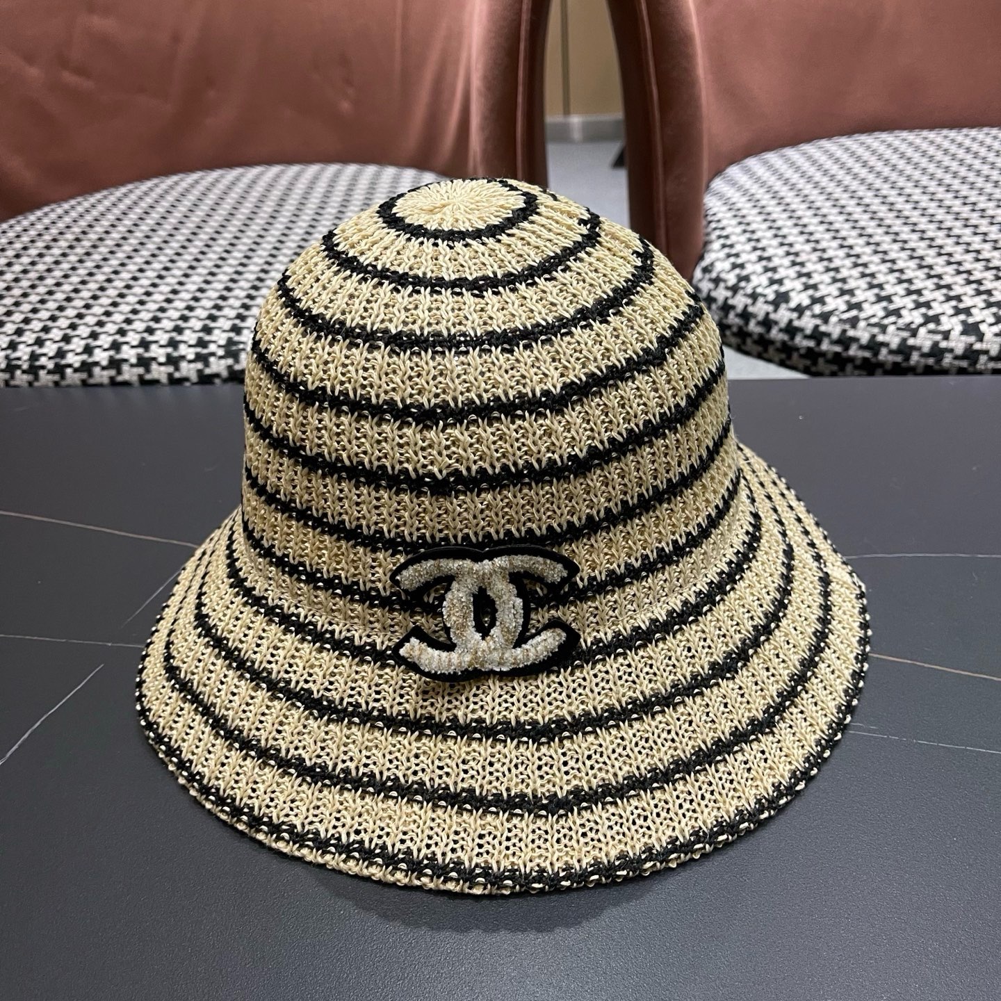 CHANEL香奈儿 日系条纹渔夫帽女春夏透气遮阳水桶帽时尚针织盆帽文艺防晒太阳帽