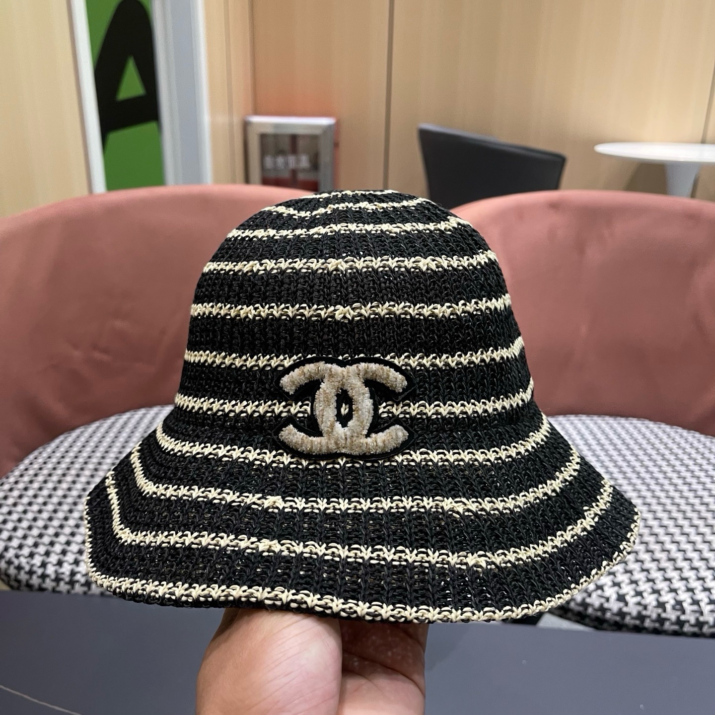 CHANEL香奈儿 日系条纹渔夫帽女春夏透气遮阳水桶帽时尚针织盆帽文艺防晒太阳帽